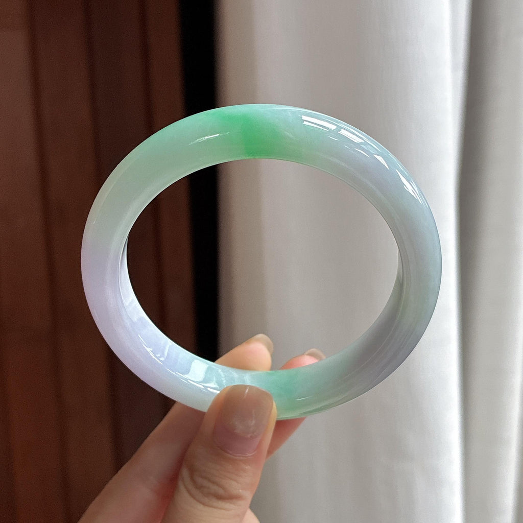 大圈口 糯冰春带彩正圈平安镯 62圈 天然缅甸A货翡翠（yc484010）
