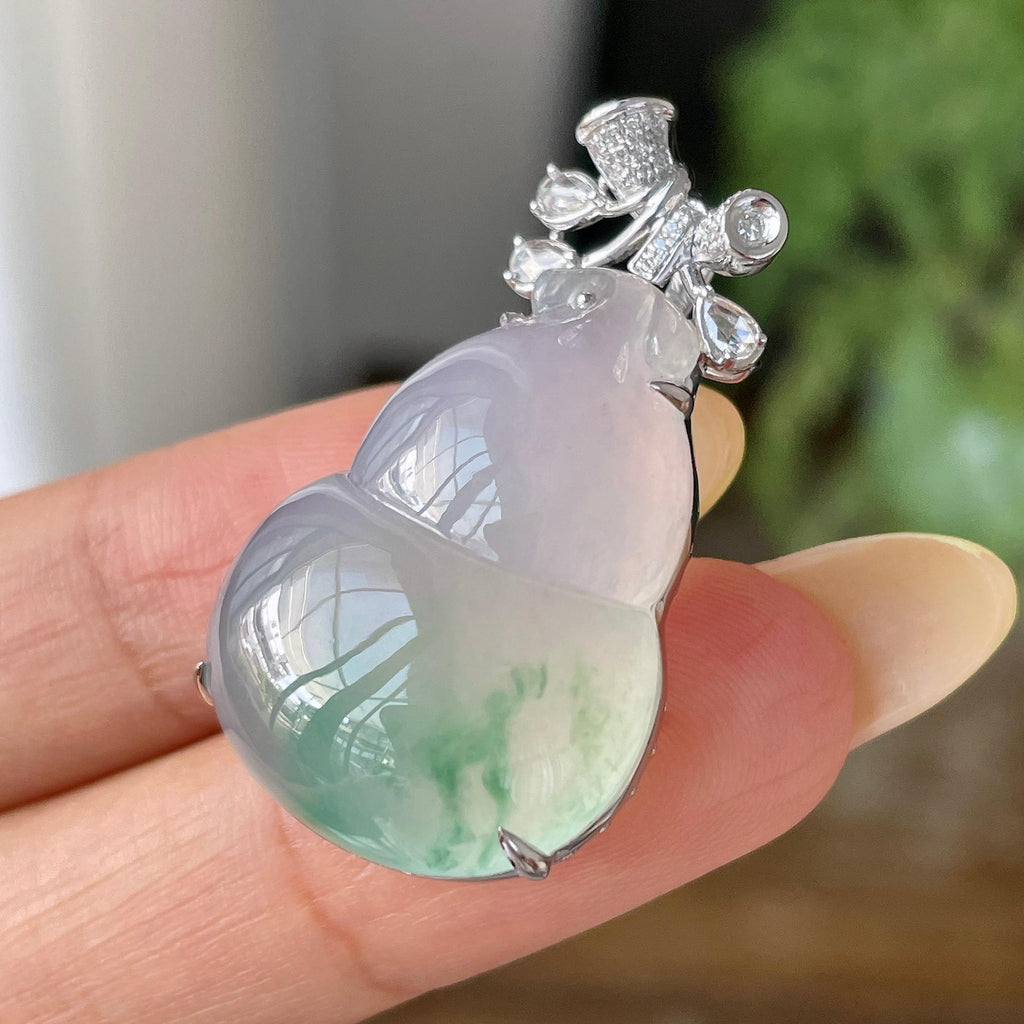 18k金镶糯冰种飘花葫芦吊坠         天然缅甸A货翡翠（yc454810）