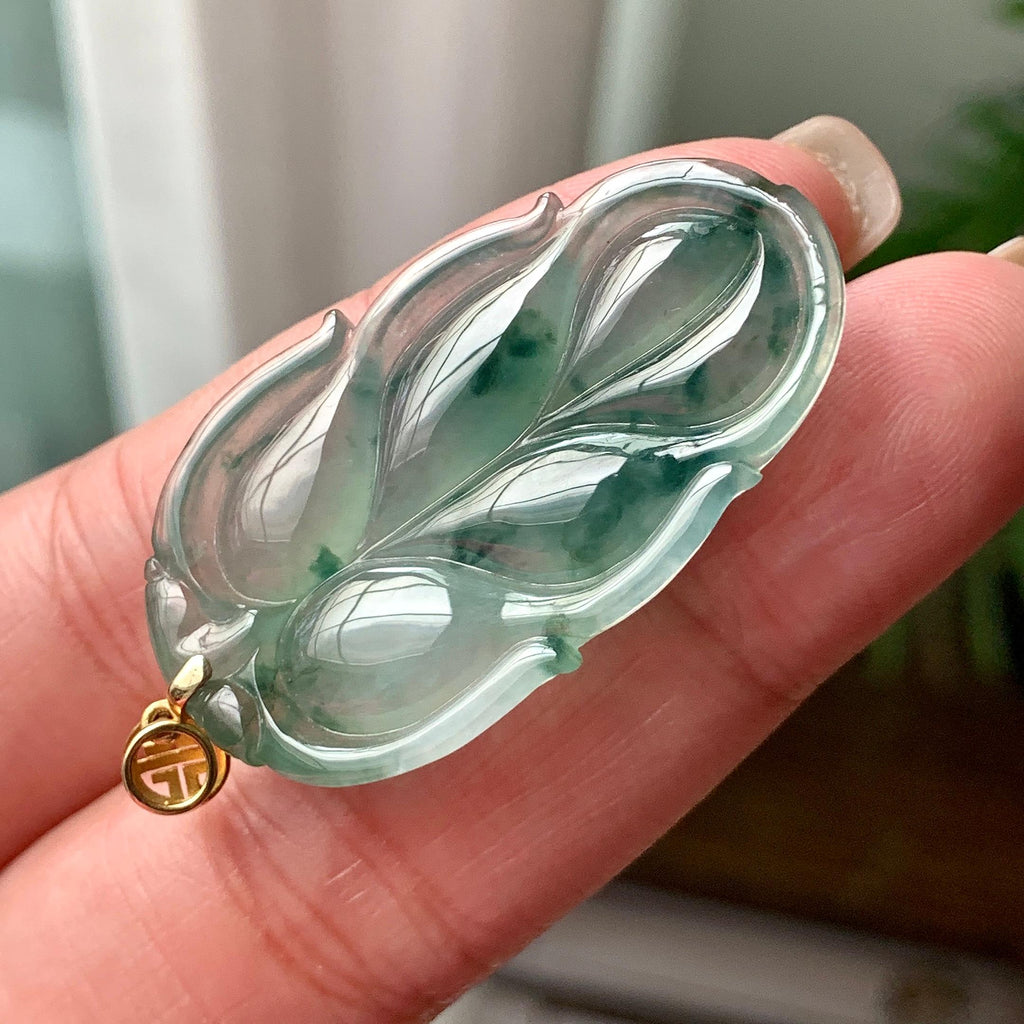 18K金镶糯冰种飘蓝花叶子吊坠 天然缅甸A货翡翠（yc369995）