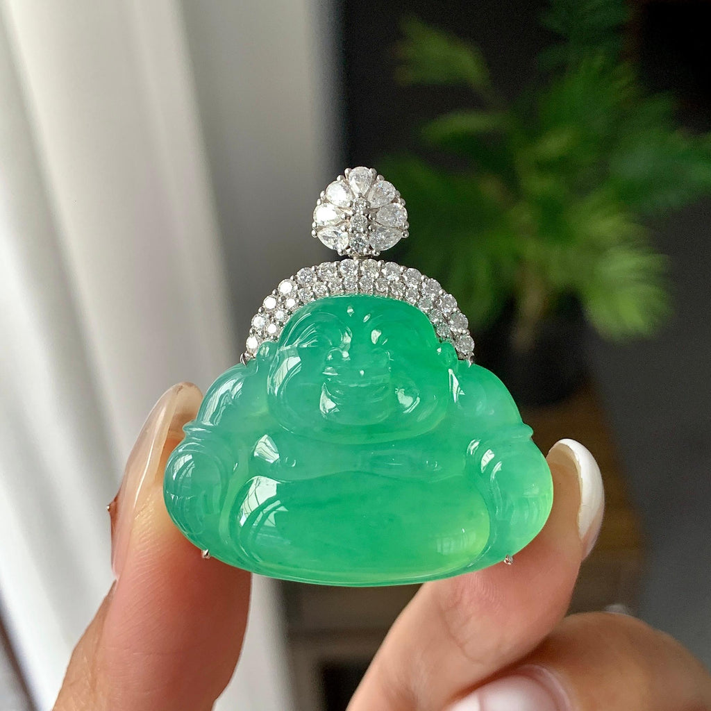 18K金钻镶冰种满绿佛公吊坠（yc252552）