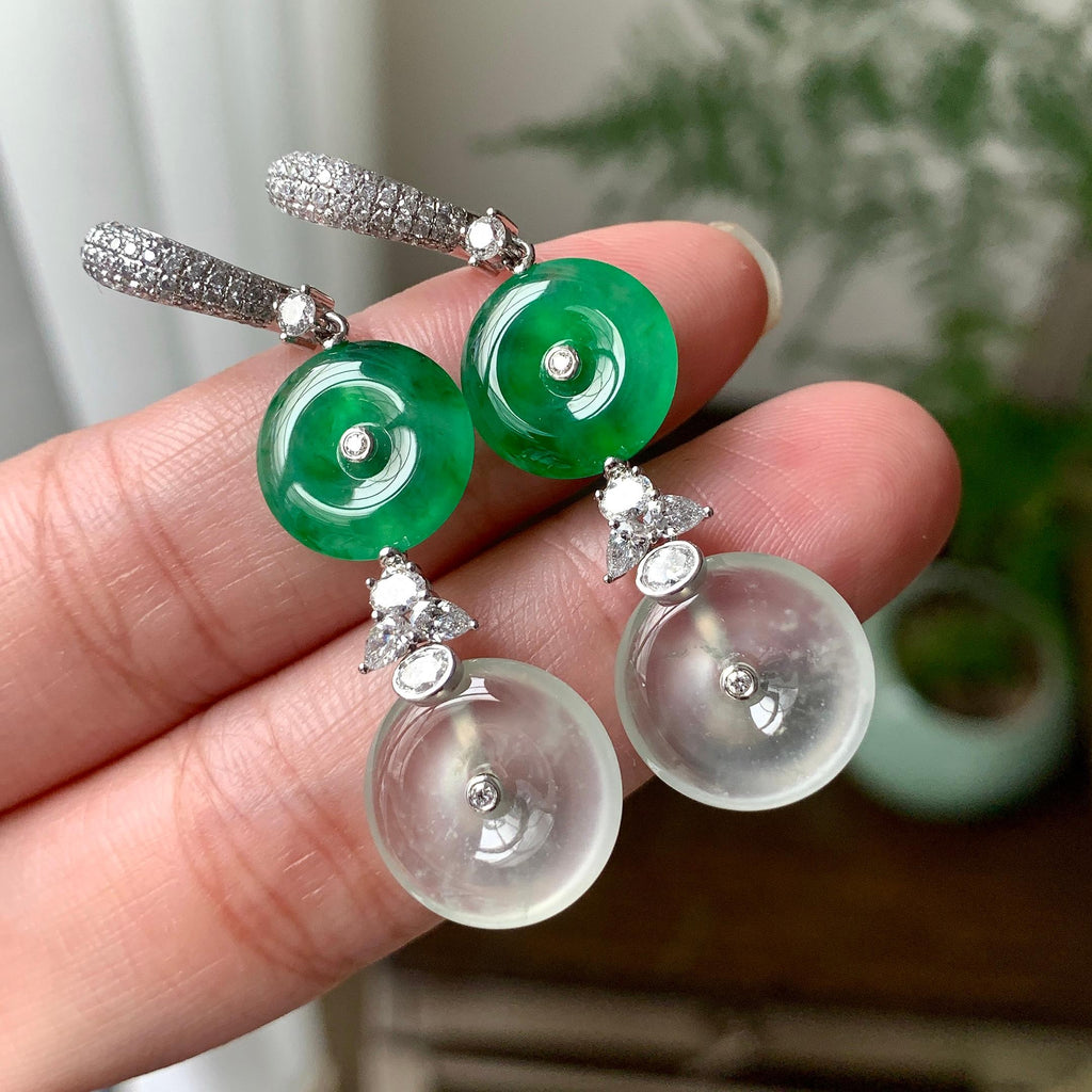 18K金钻镶糯冰种满绿平安扣耳坠（yc253819）