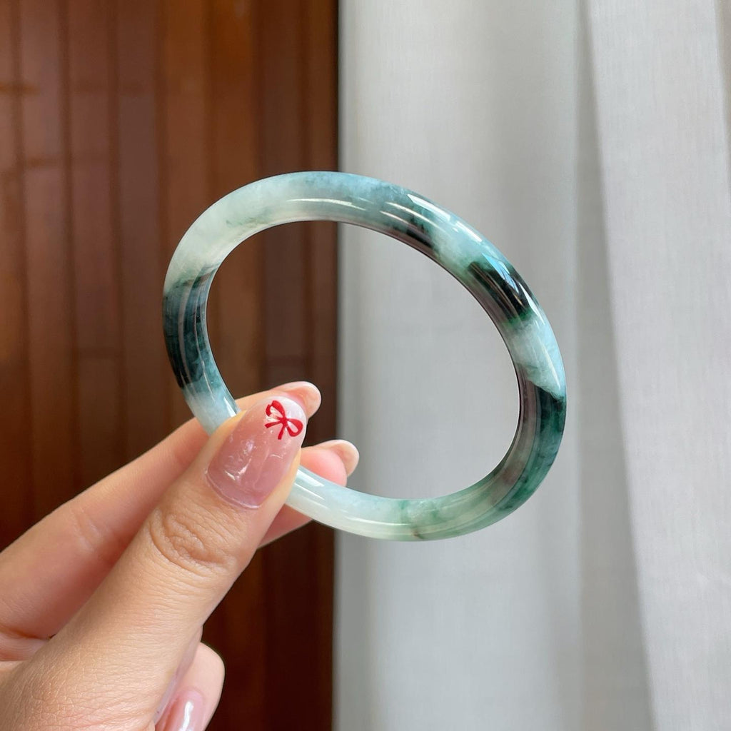 糯冰水墨花翡翠圆条手镯（54mm）（yc318585）