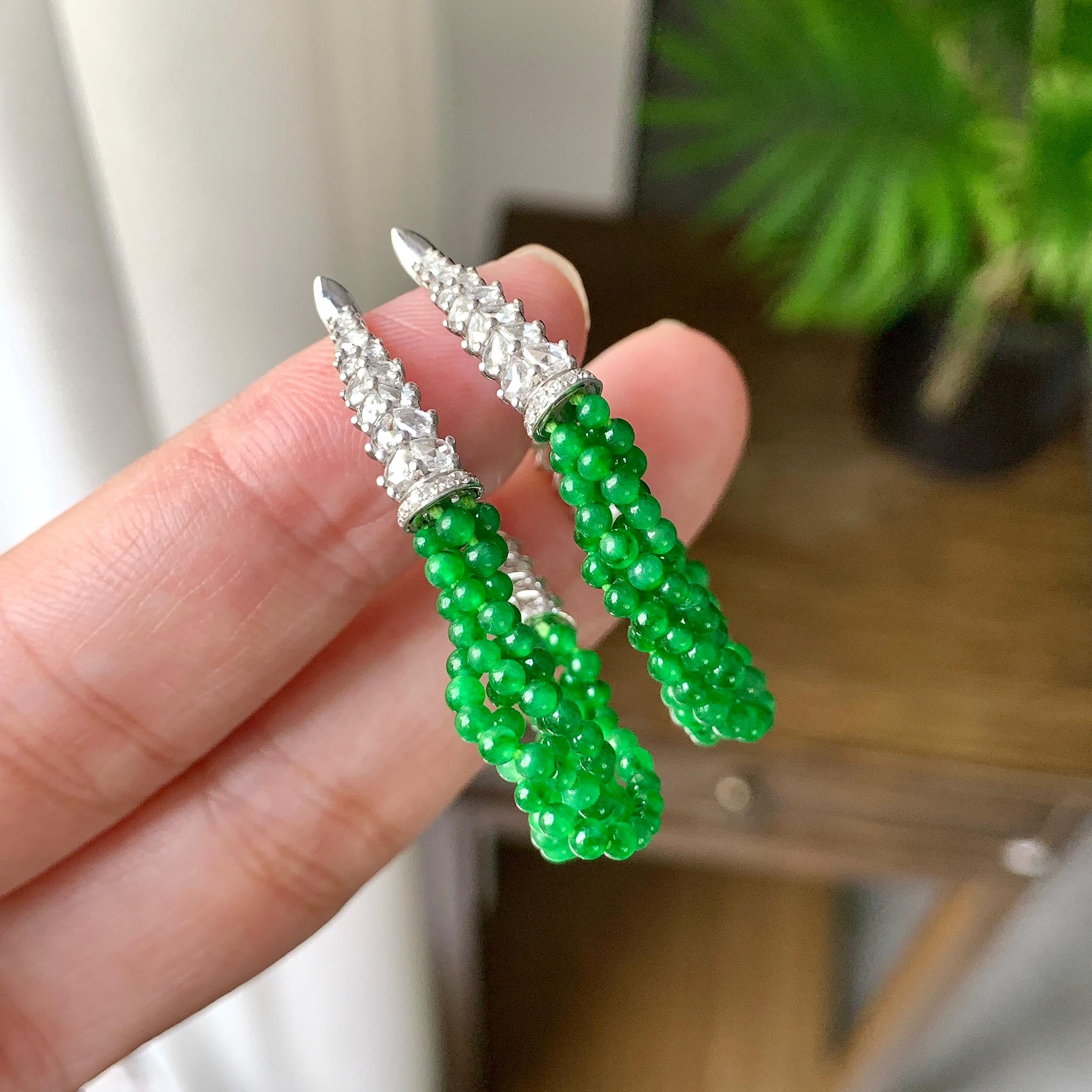 18K金钻镶糯冰种满绿小米珠耳坠（yc248201）