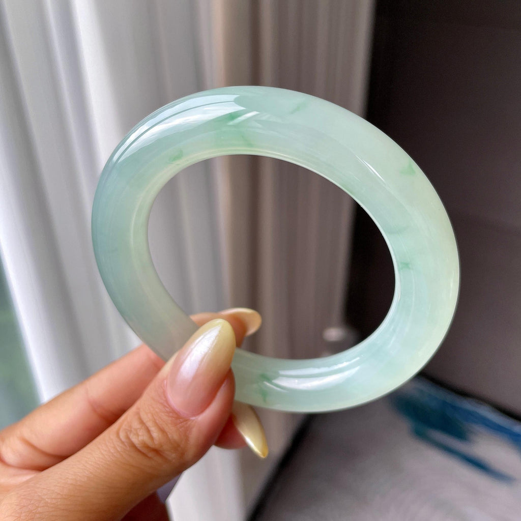 糯冰种晴水飘花圆条手镯54.8圈 天然缅甸A货翡翠（yc453357）