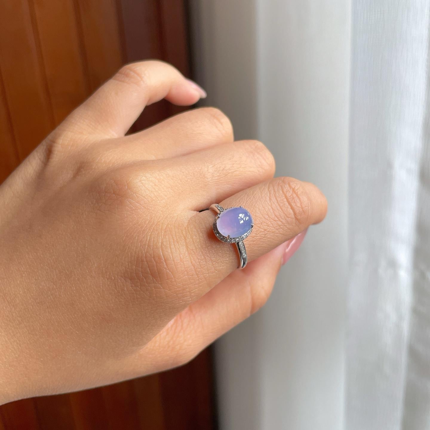 18k金钻镶冰种紫罗兰翡翠蛋面戒指（内径16.8）（yc183810）