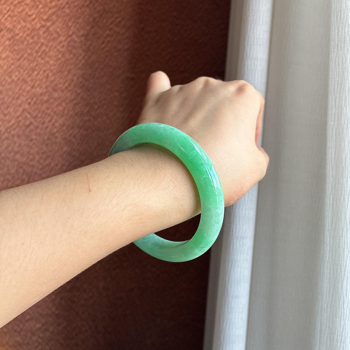 大圈口满圈果绿 糯冰带色正圈平安镯 60圈（yc750038）