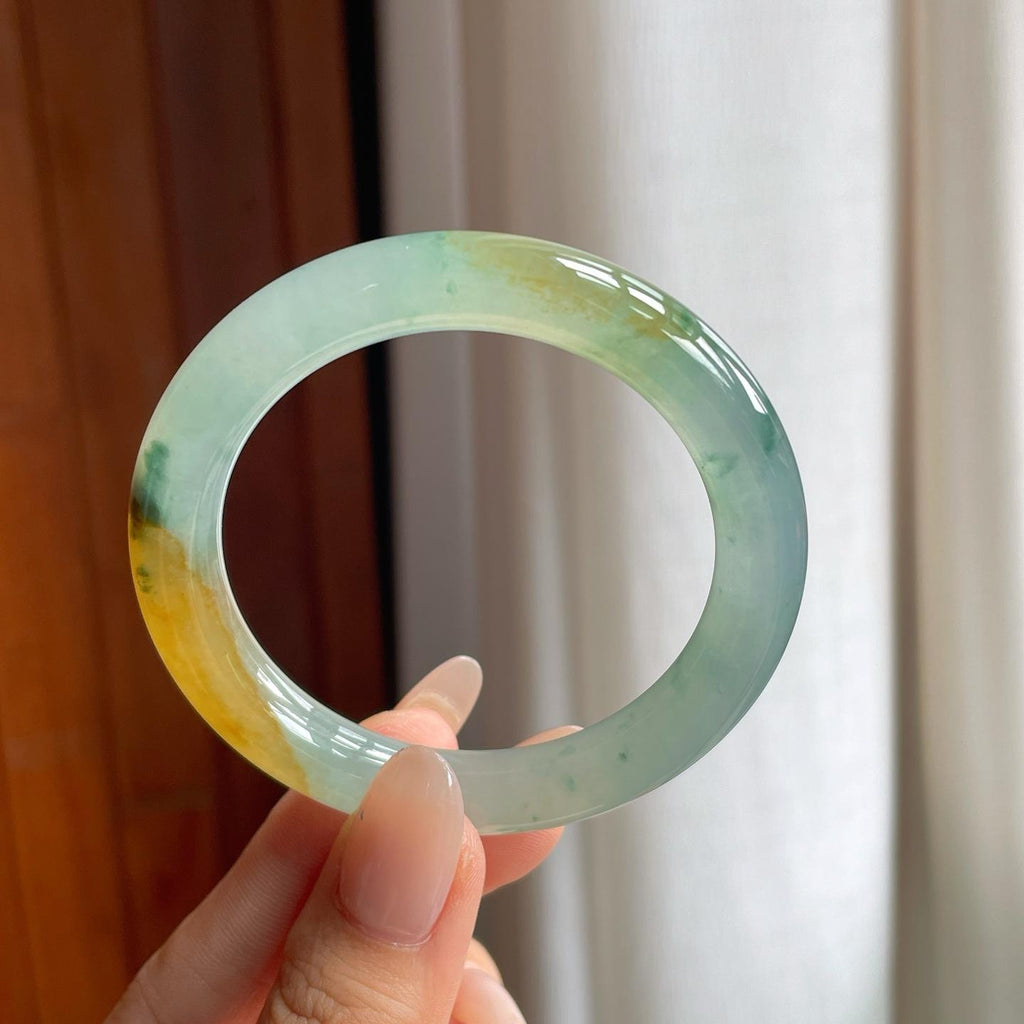 冰种黄翡飘花翡翠圆条手镯（51.5mm）（yc240467）