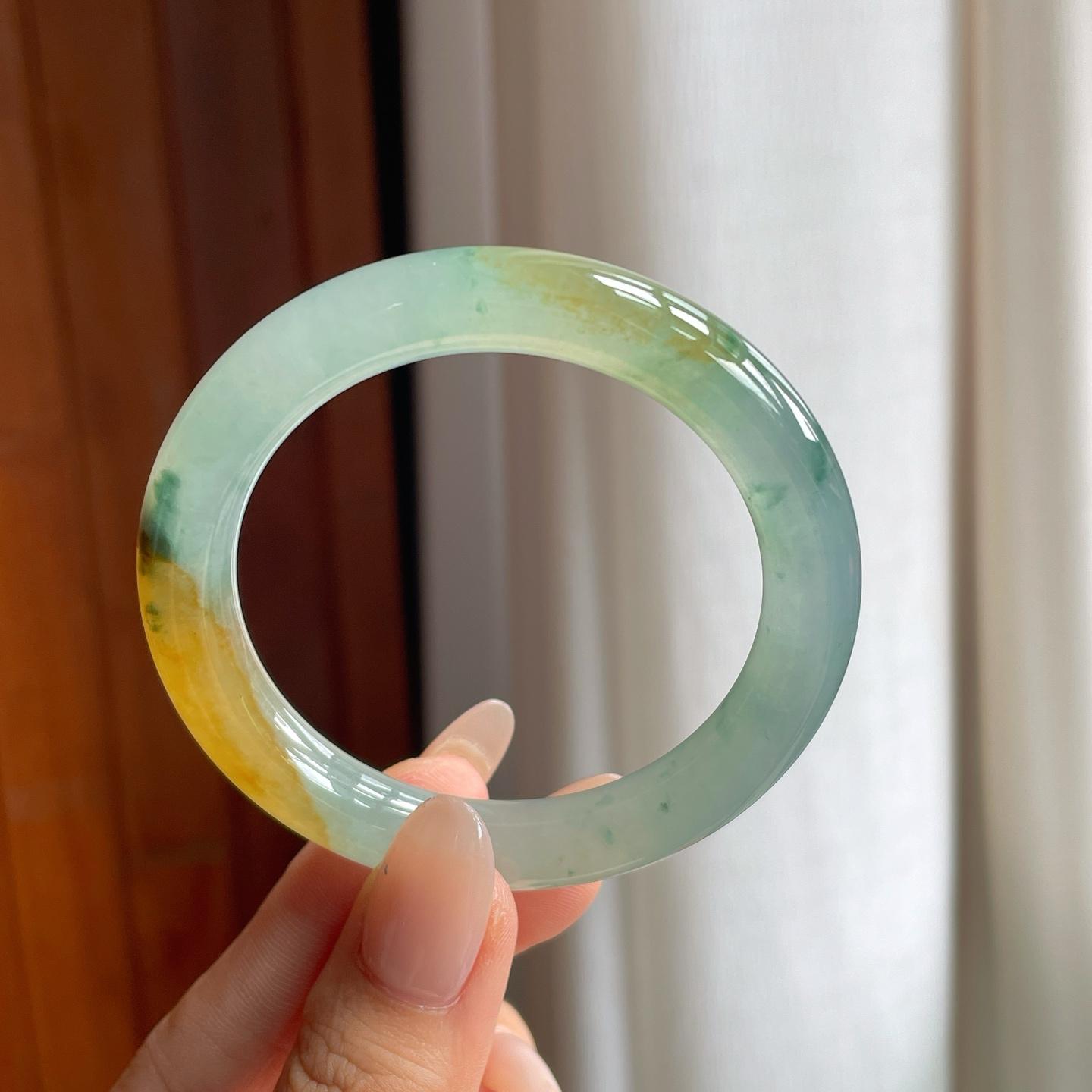 冰种黄翡飘花翡翠圆条手镯（51.5mm）（yc240467）