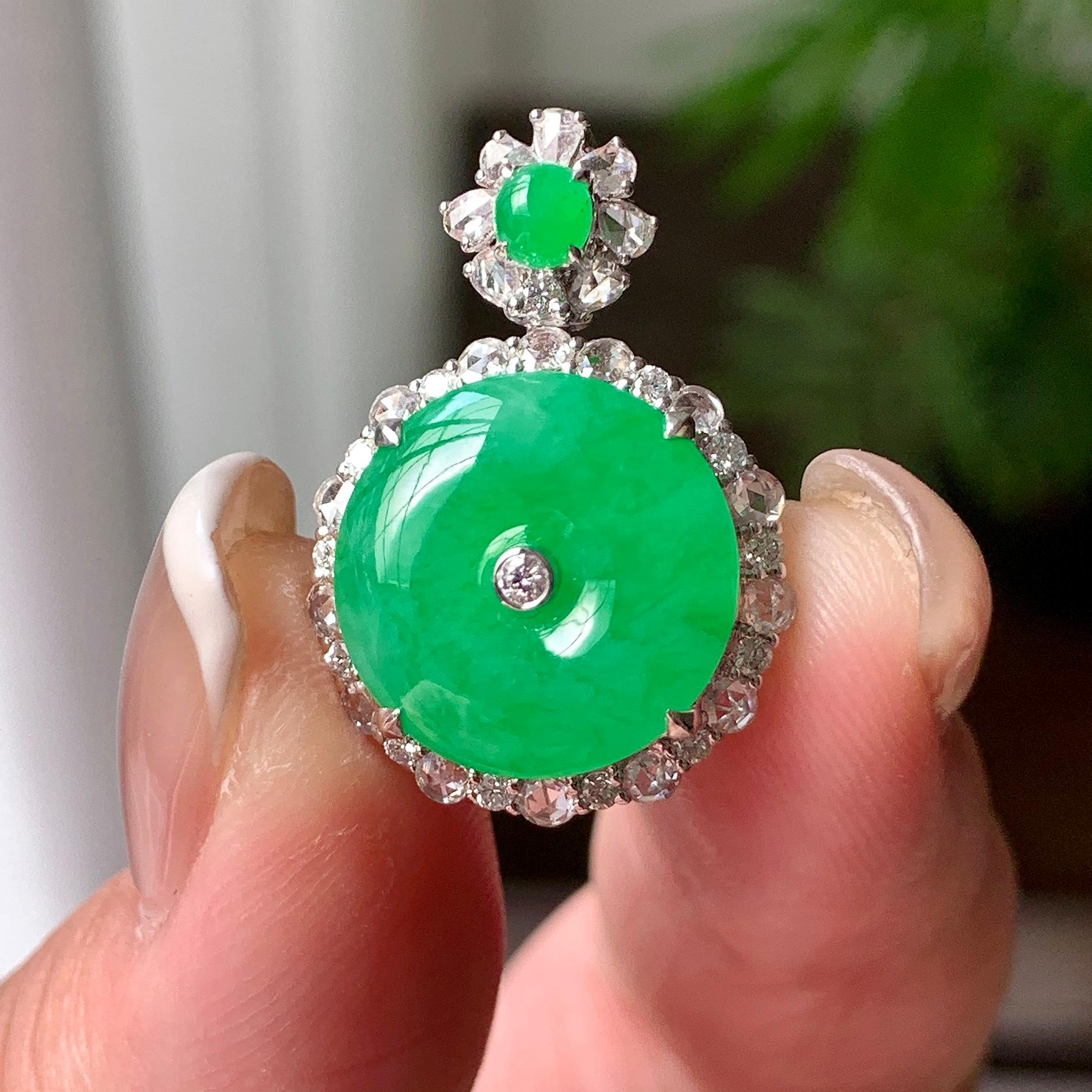 18K金钻镶糯冰种满绿平安扣吊坠 天然缅甸A货翡翠（yc369985）