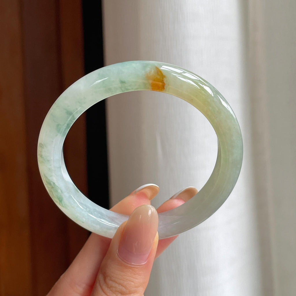 糯冰黄翡飘花特色翡翠平安镯（54mm)（yc416015）