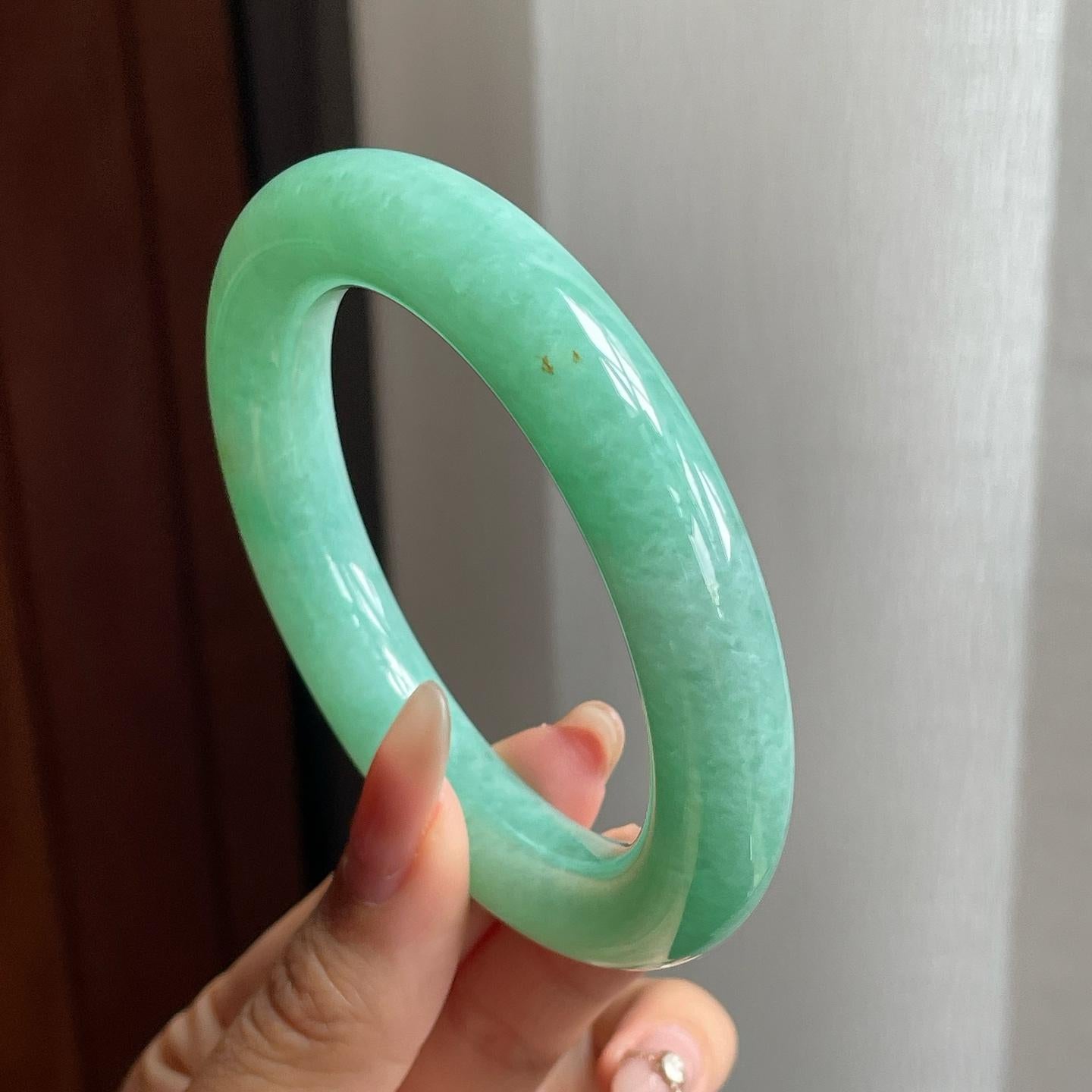 糯冰种豆绿满绿翡翠圆条手镯（54mm）（yc200134）