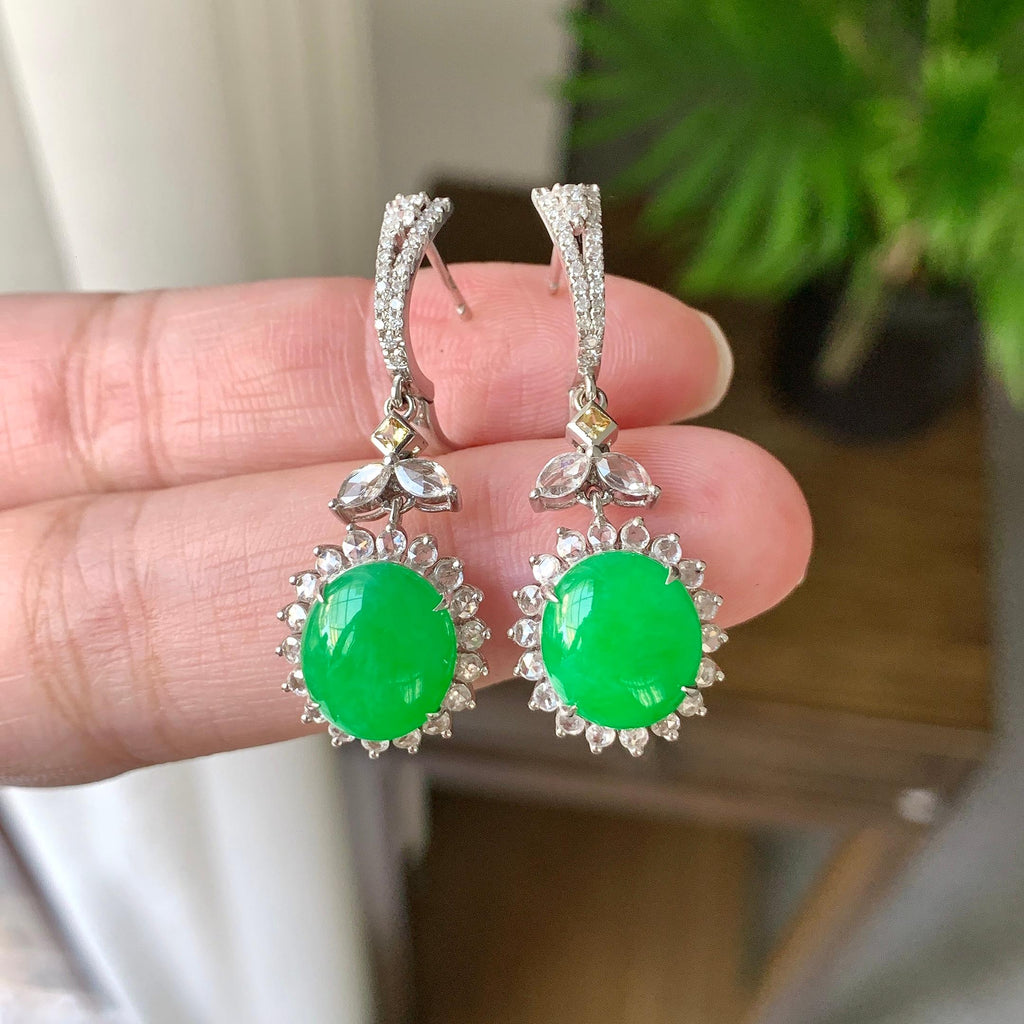 18K金钻镶细糯种翠绿蛋面耳坠（yc248183）