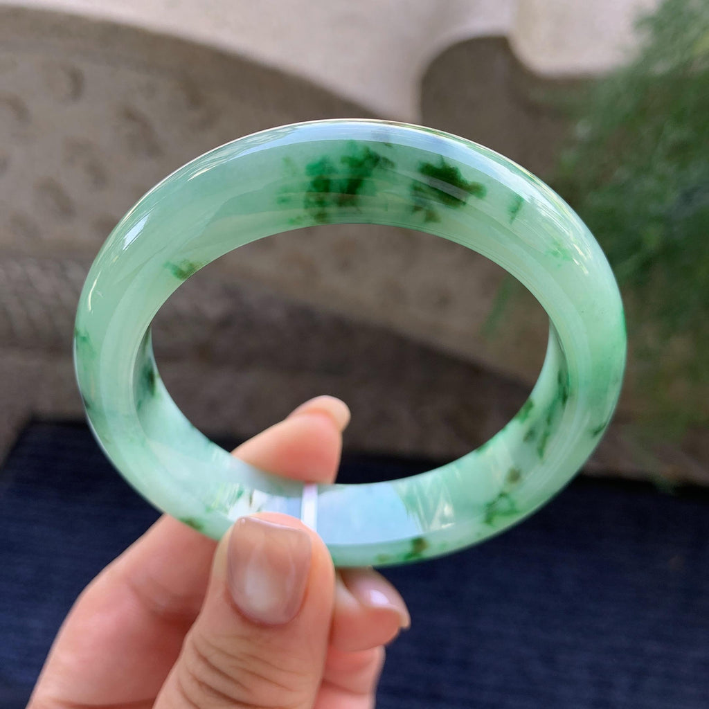 细糯种飘绿花正圈平安镯 55.8圈口 天然缅甸A货翡翠（yc400190）