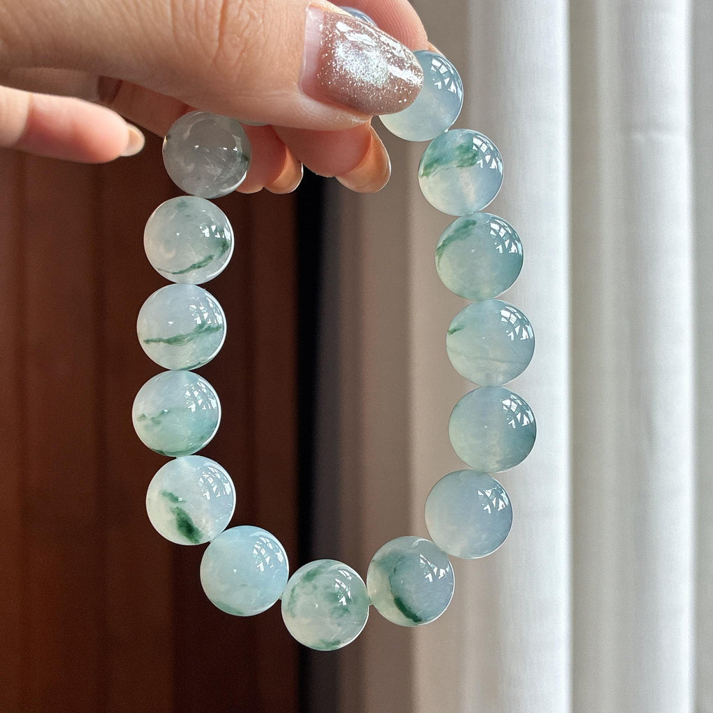 Vòng tay ngọc phỉ thúy tự nhiên Miến Điện loại A, vân hoa trên nền đá bán trong (yc451546)
