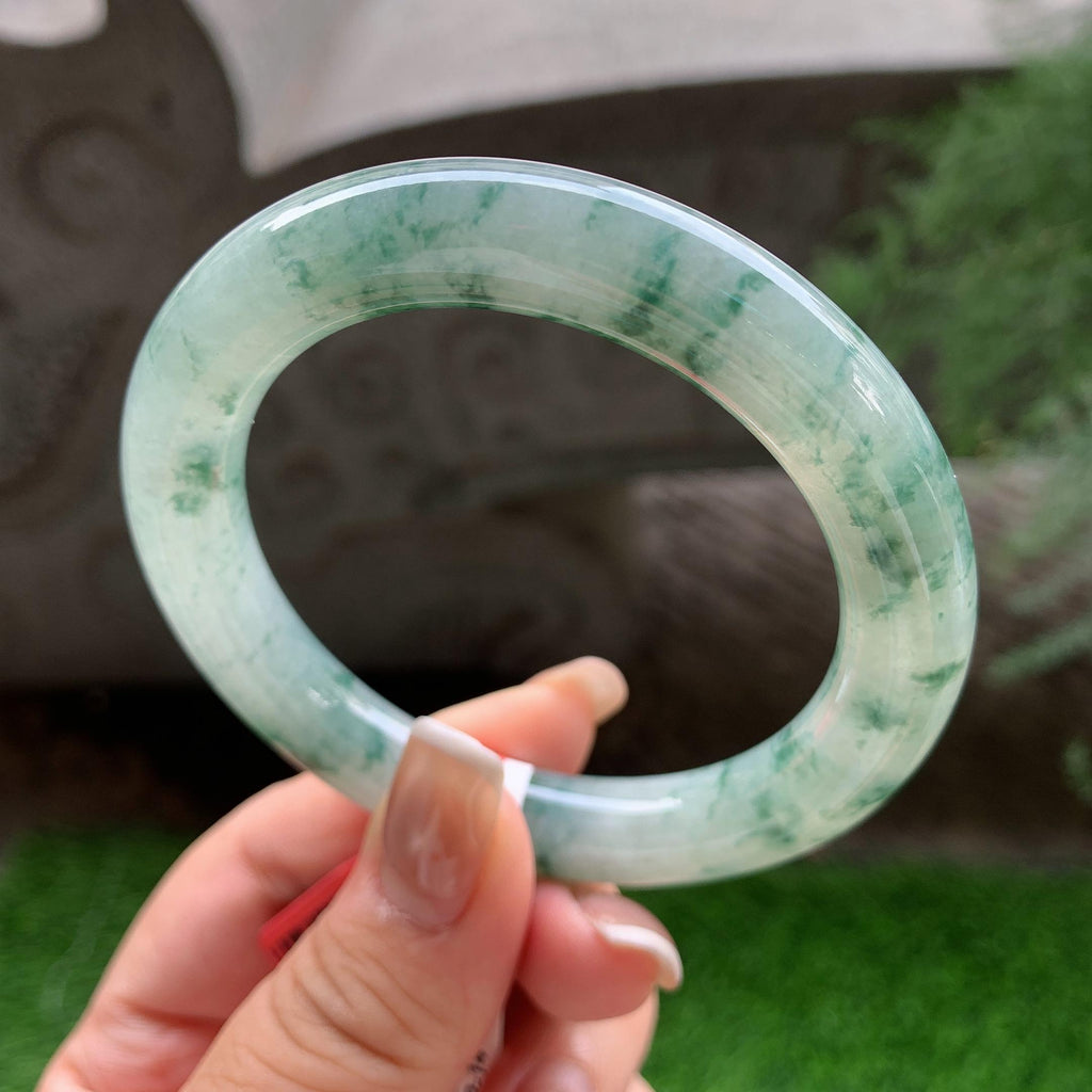 细糯种飘蓝花圆条手镯 55.5圈口 天然缅甸A货翡翠（yc390012）