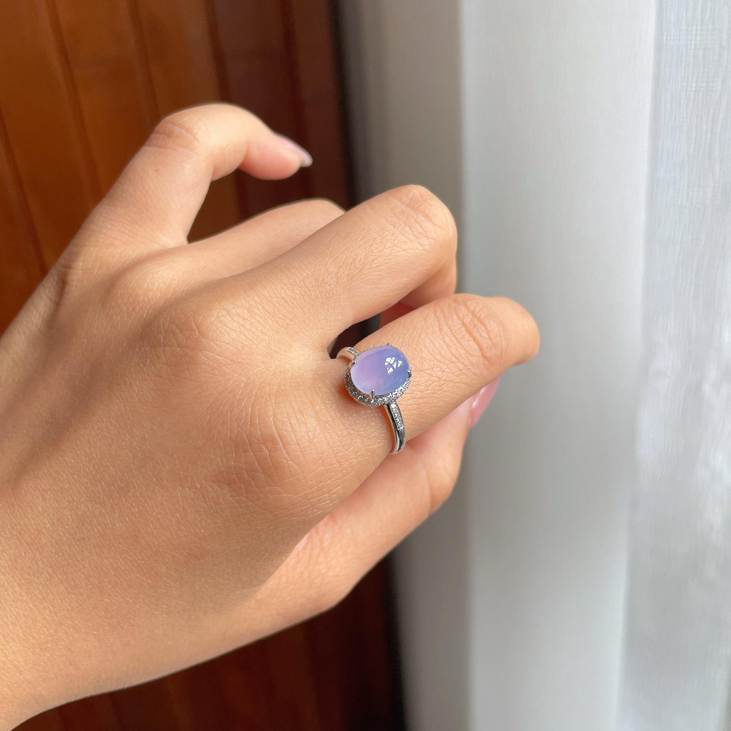 18k金钻镶冰种紫罗兰翡翠蛋面戒指（内径16.8）（yc183810）