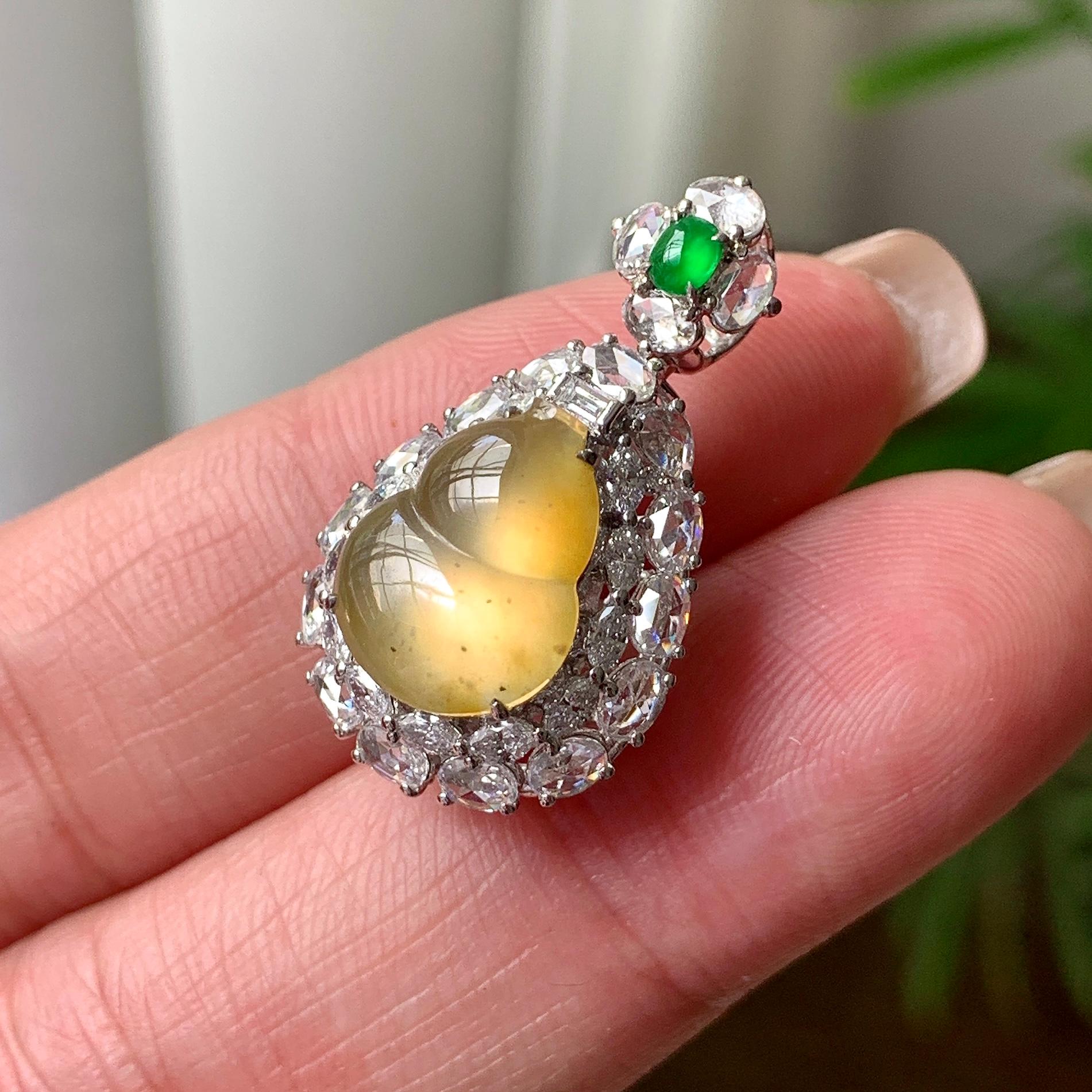 18K金钻镶冰种黄翡葫芦吊坠天然缅甸A货翡翠（yc356826）
