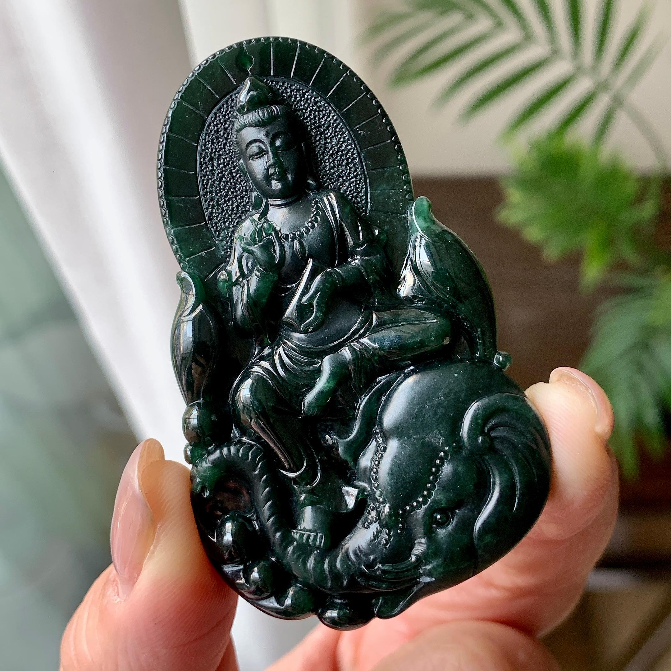 细糯种墨翠普贤菩萨挂件 天然缅甸A货翡翠（yc351361）