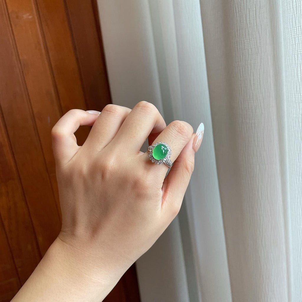 18k金钻镶冰种满色翡翠蛋面戒指（yc265159）