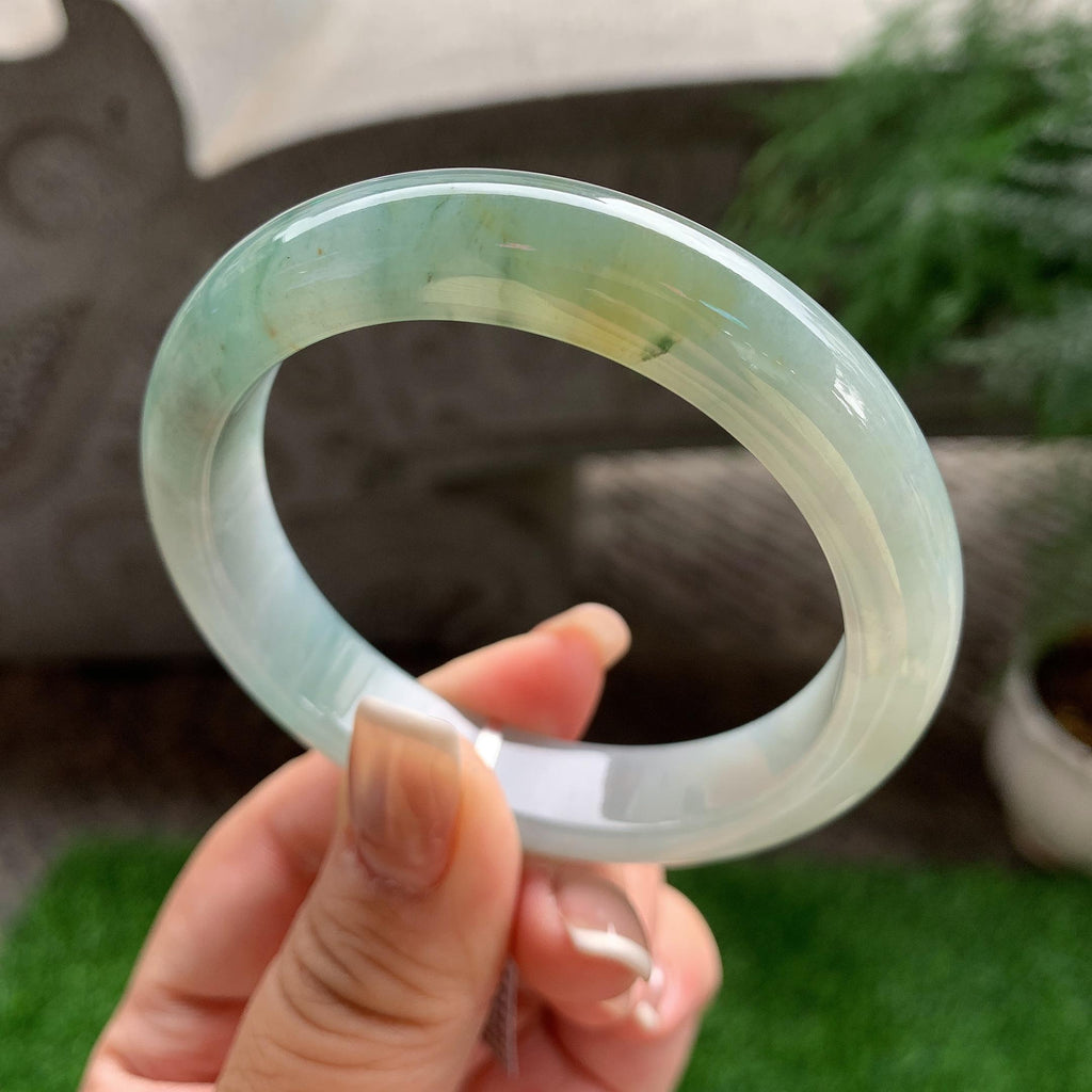 细糯种油青底飘蓝花黄翡正圈平安镯 56.2圈口 天然缅甸A货翡翠（yc383137）