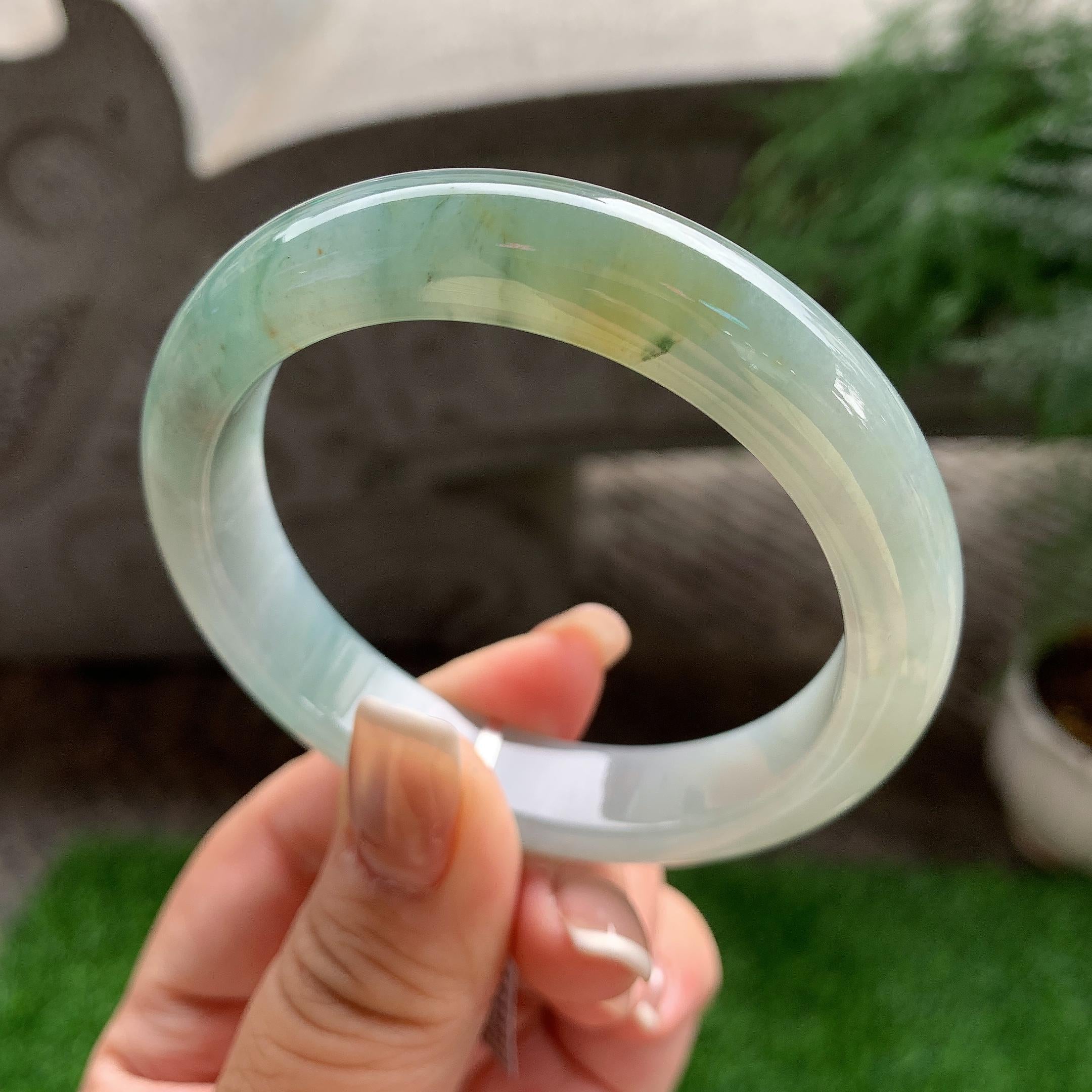 细糯种油青底飘蓝花黄翡正圈平安镯 56.2圈口 天然缅甸A货翡翠（yc383137）