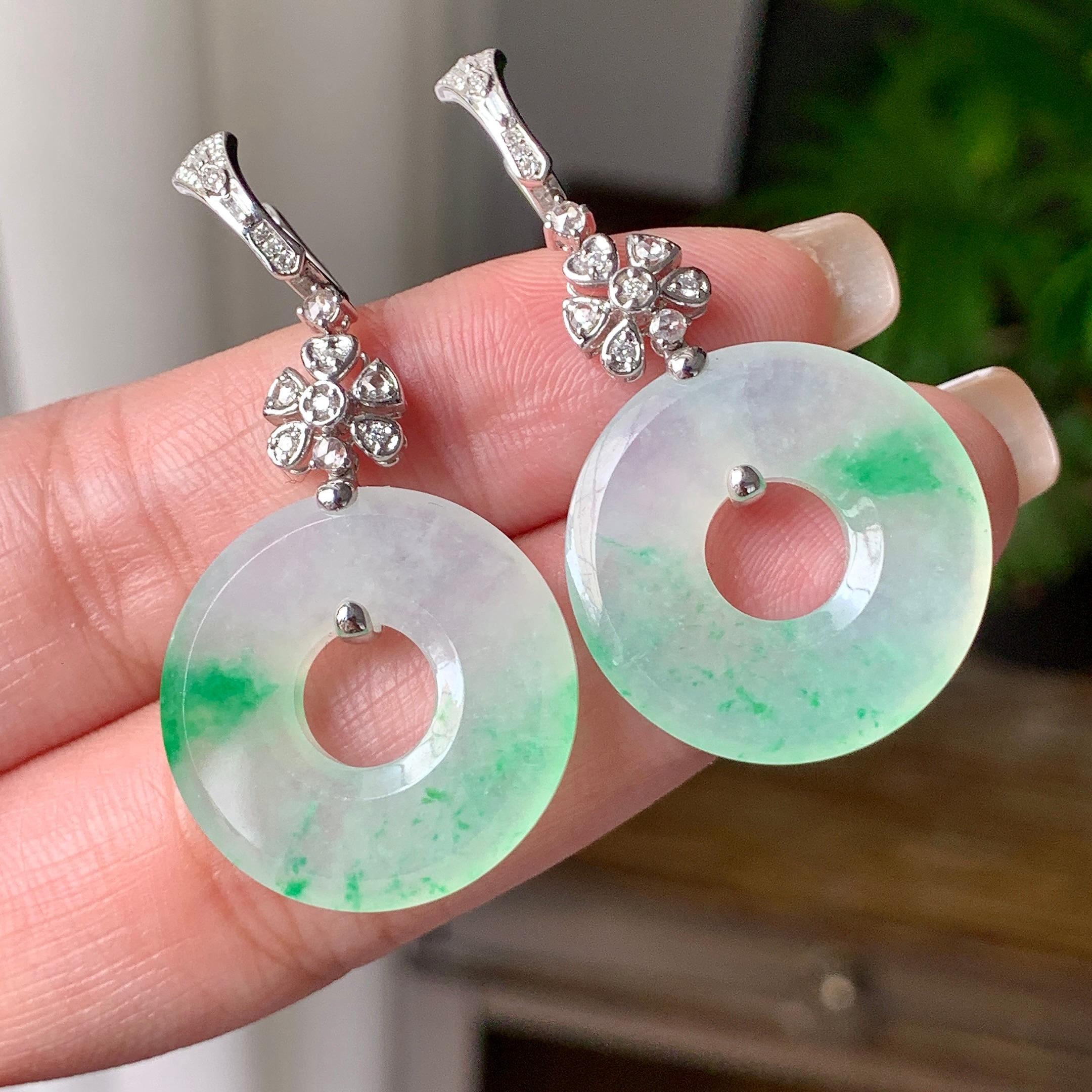 18K金钻镶糯冰种飘阳绿平安扣耳坠 天然缅甸A货翡翠（yc385216）