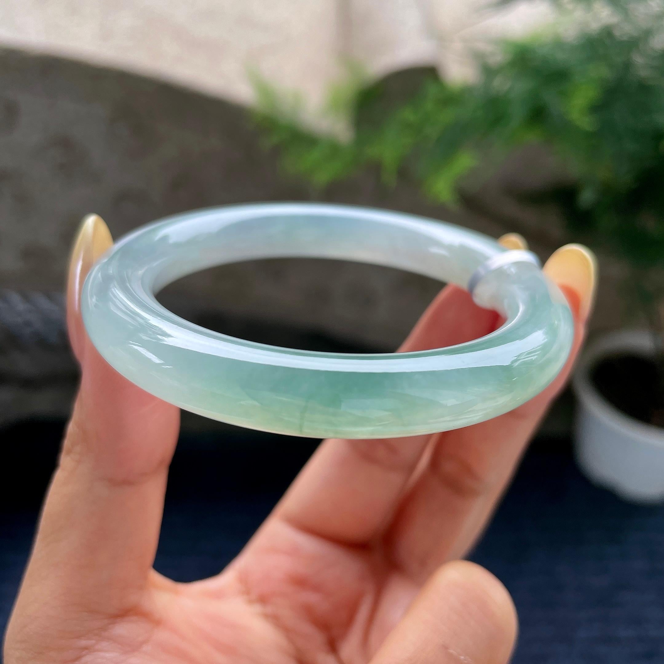 小圈口 糯冰种晴底圆条手镯52.8圈 天然缅甸A货翡翠（yc489136）