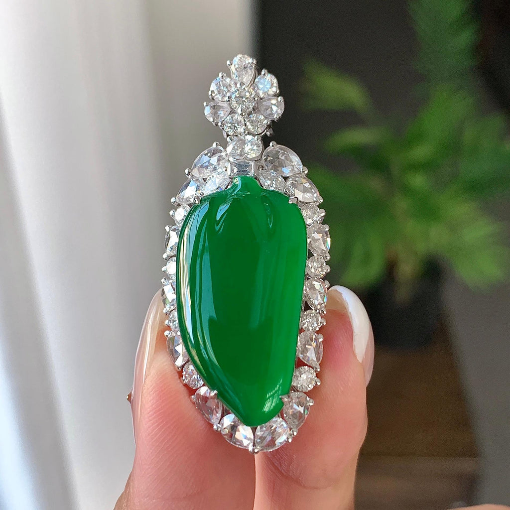 18k金钻镶冰种阳绿福瓜吊坠/项链（两用款）（yc242687）