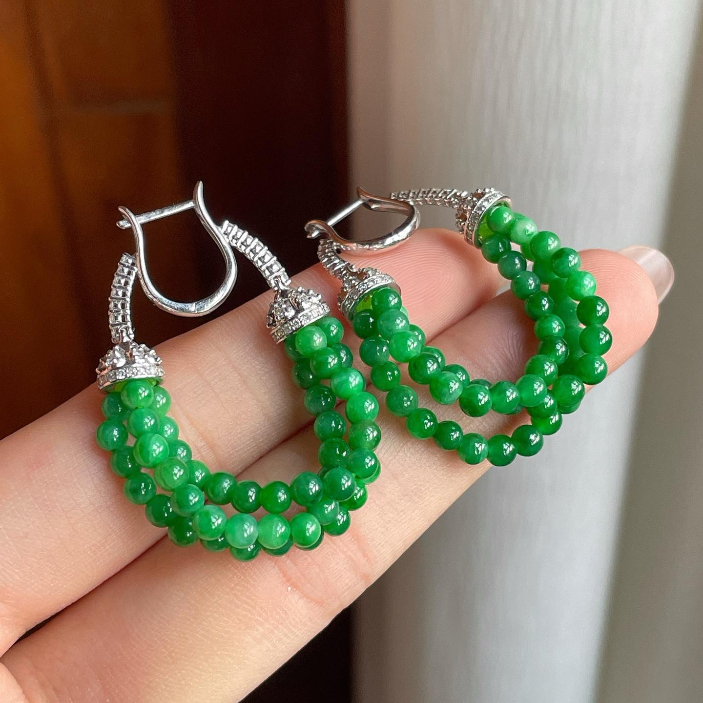 18k金镶糯冰满绿小米珠翡翠耳饰（yc246172）