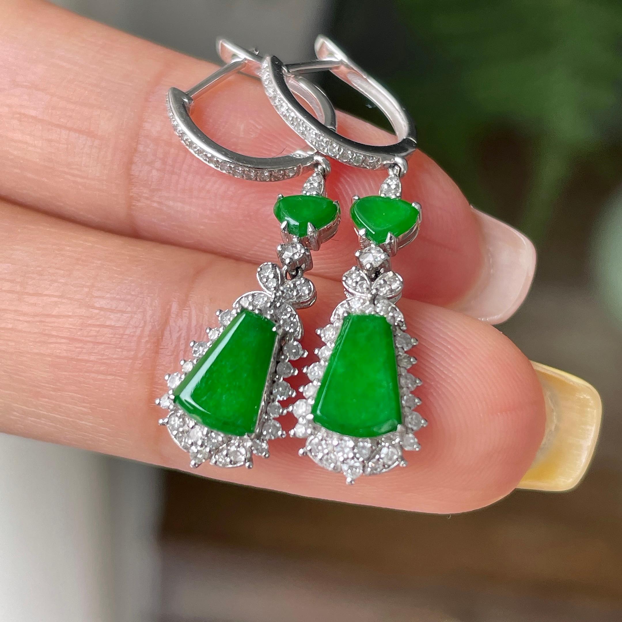 18k金钻镶细糯种满绿无事牌耳坠    天然缅甸A货翡翠（yc362128）