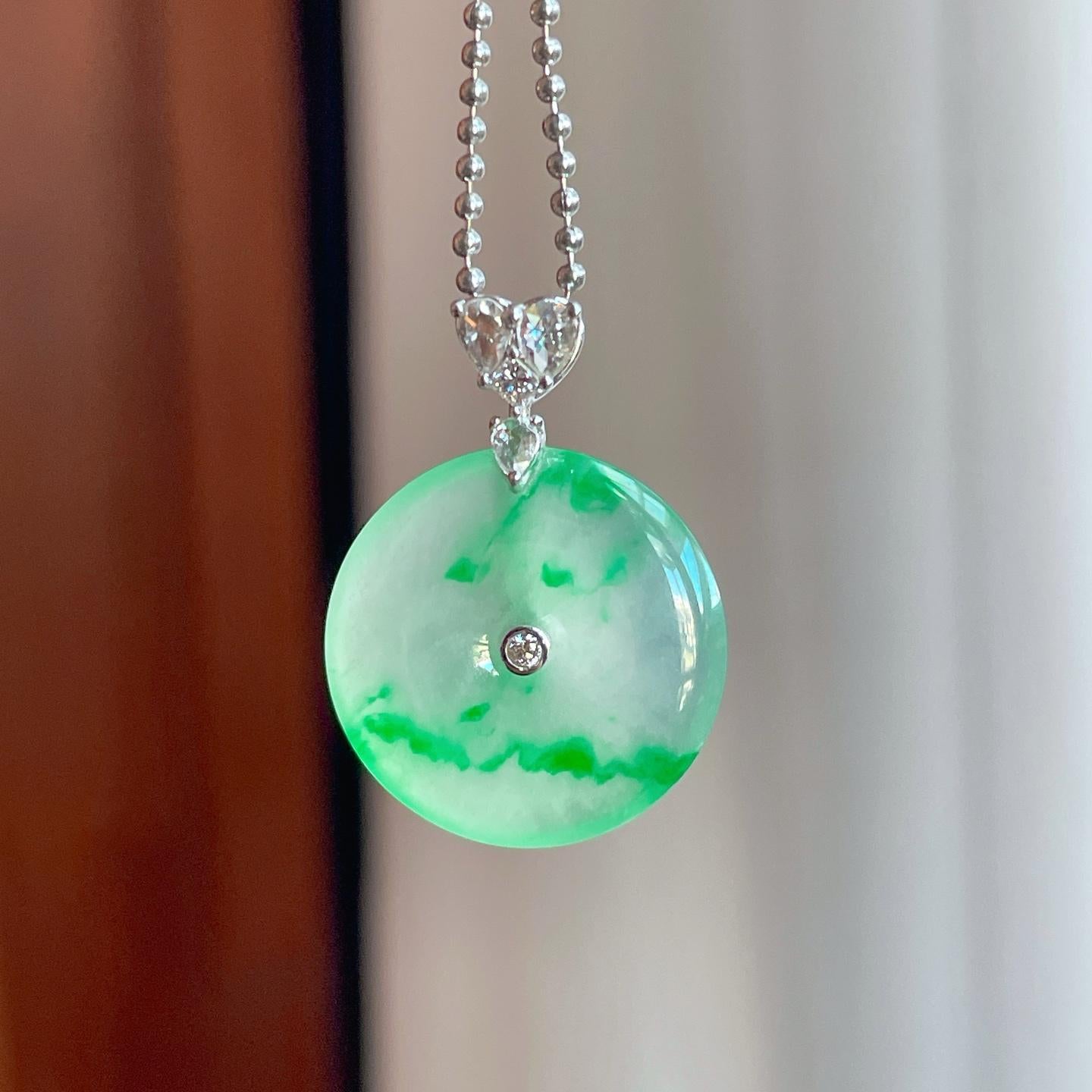 18k金扣冰种阳绿花翡翠平安扣（yc239328）