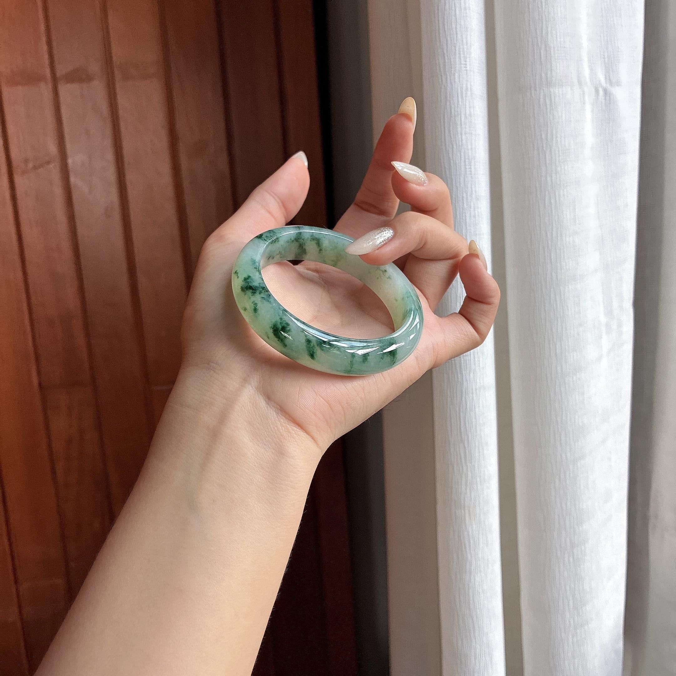 糯冰飘花正圈平安镯 54圈 天然缅甸A货翡翠（yc484795）