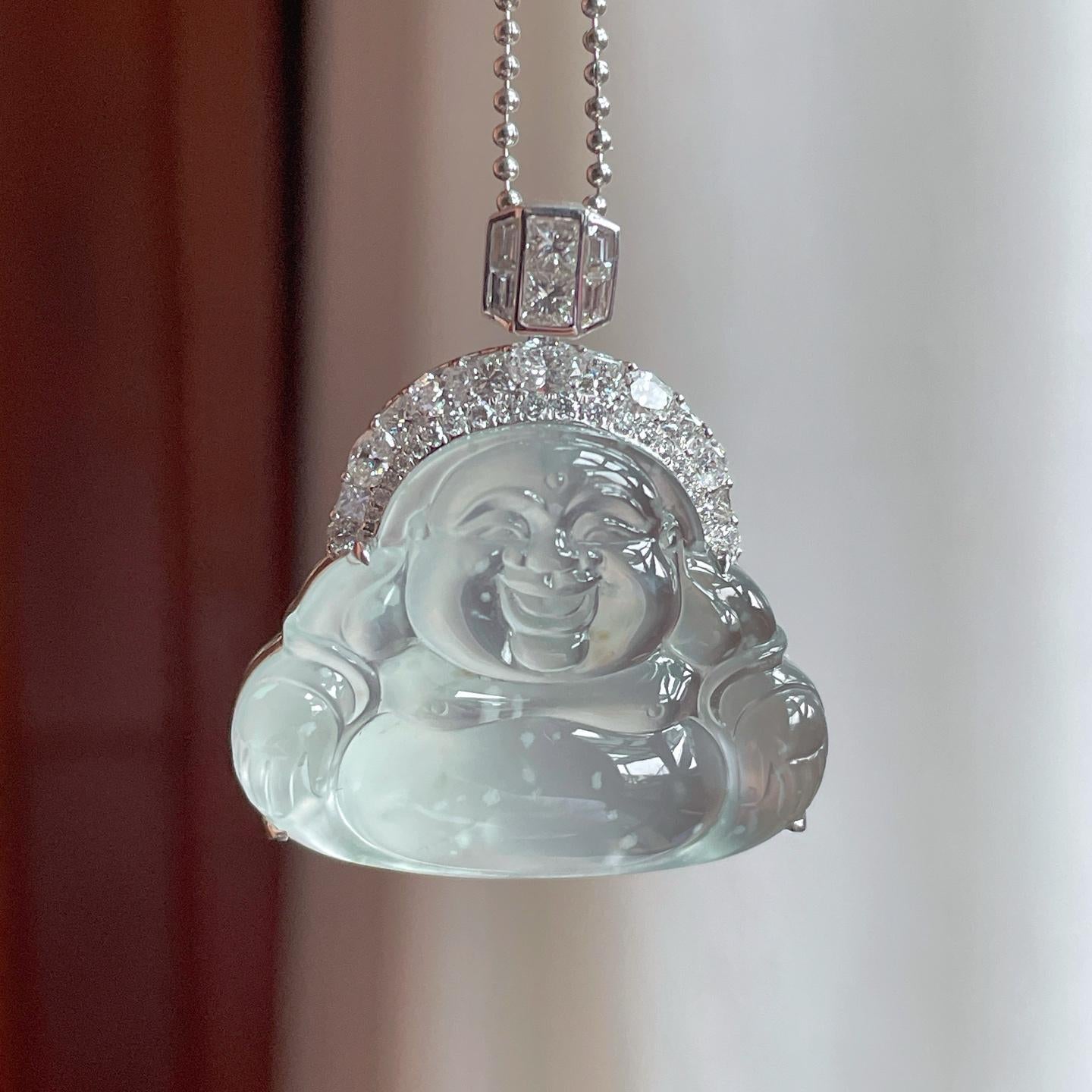 18k金镶冰玻种雪花棉翡翠佛公（yc248487）