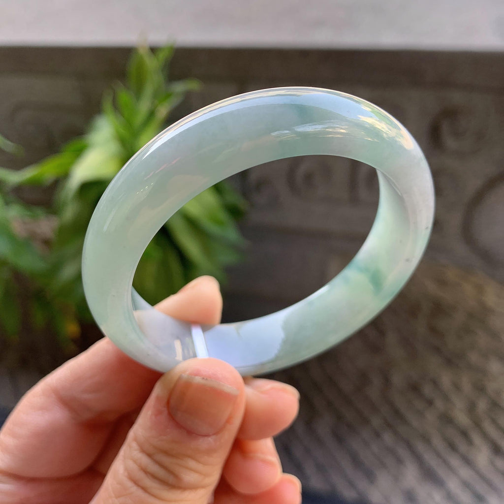 小圈口 细糯种晴底飘蓝花正圈平安镯52.2圈口 天然缅甸A货翡翠（yc330290）