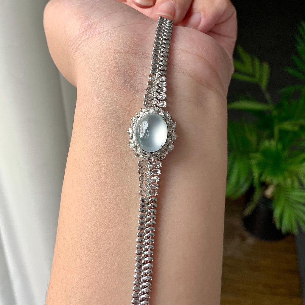 18K金钻镶冰种无色蛋面手链（yc224989）