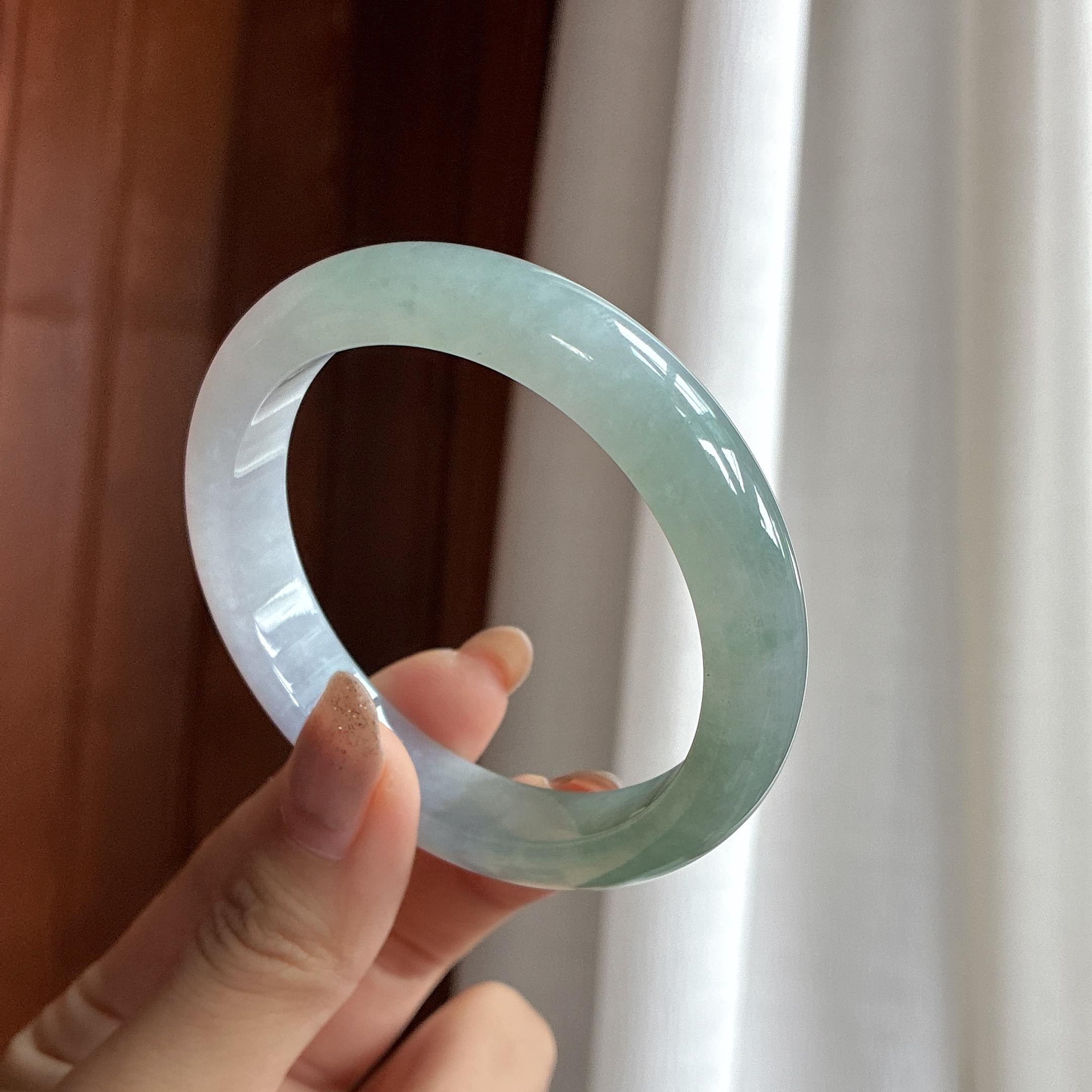 糯冰湖水绿带一抹紫 正圈平安镯 57圈 天然缅甸A货翡翠（yc460745）