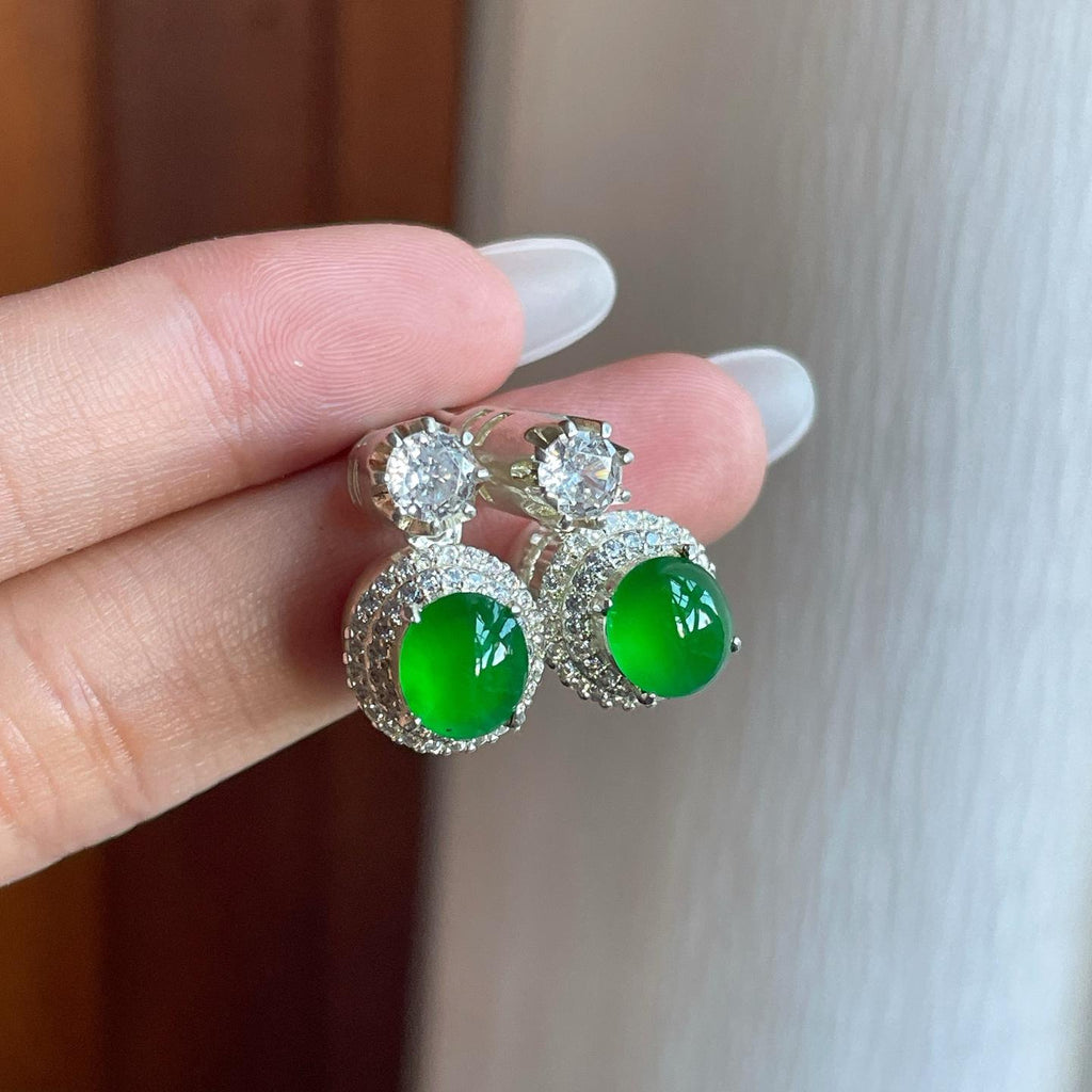 铜托冰种满绿翡翠蛋面耳饰（yc261407）