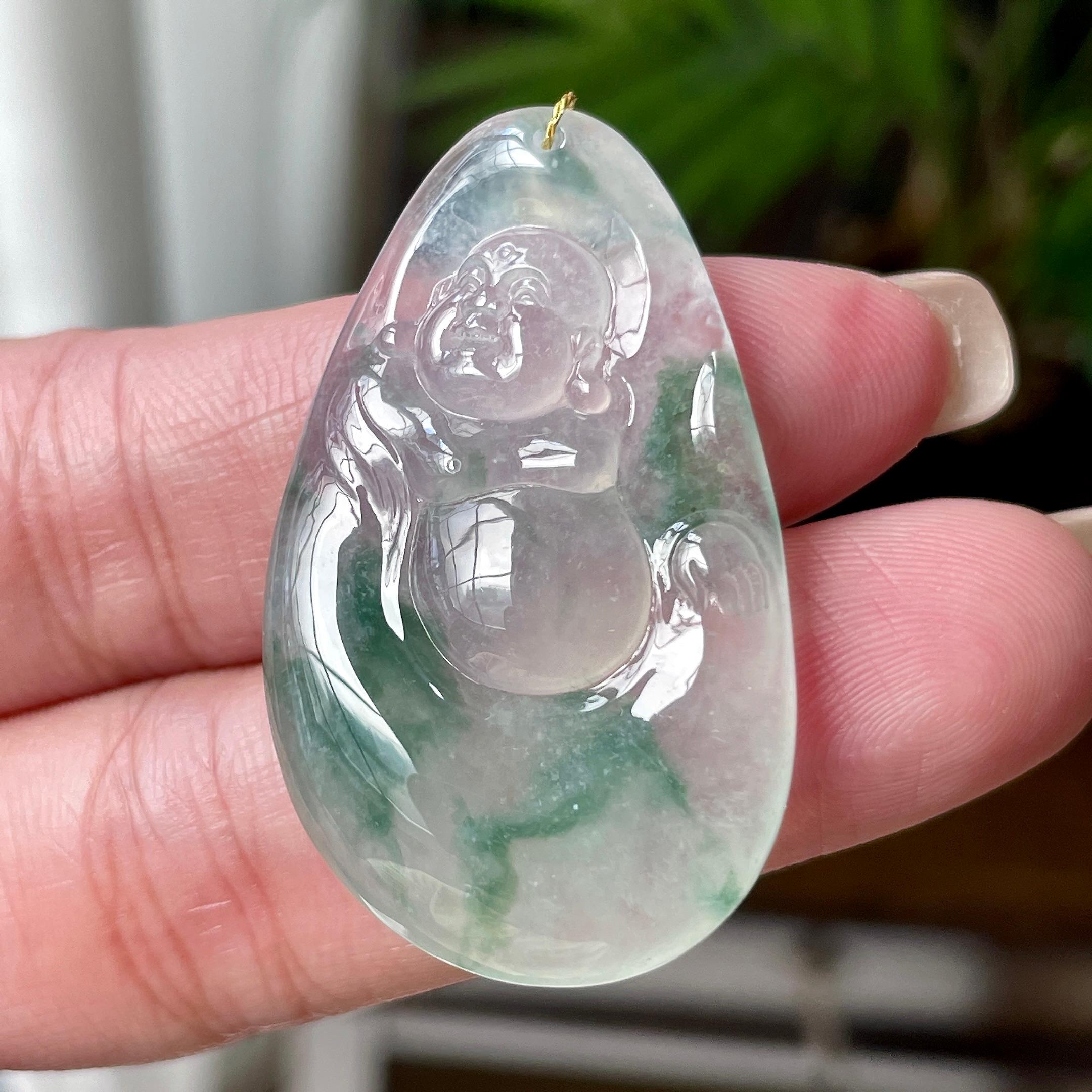 糯冰种飘绿花佛公吊坠  天然缅甸A货翡翠（yc456963）