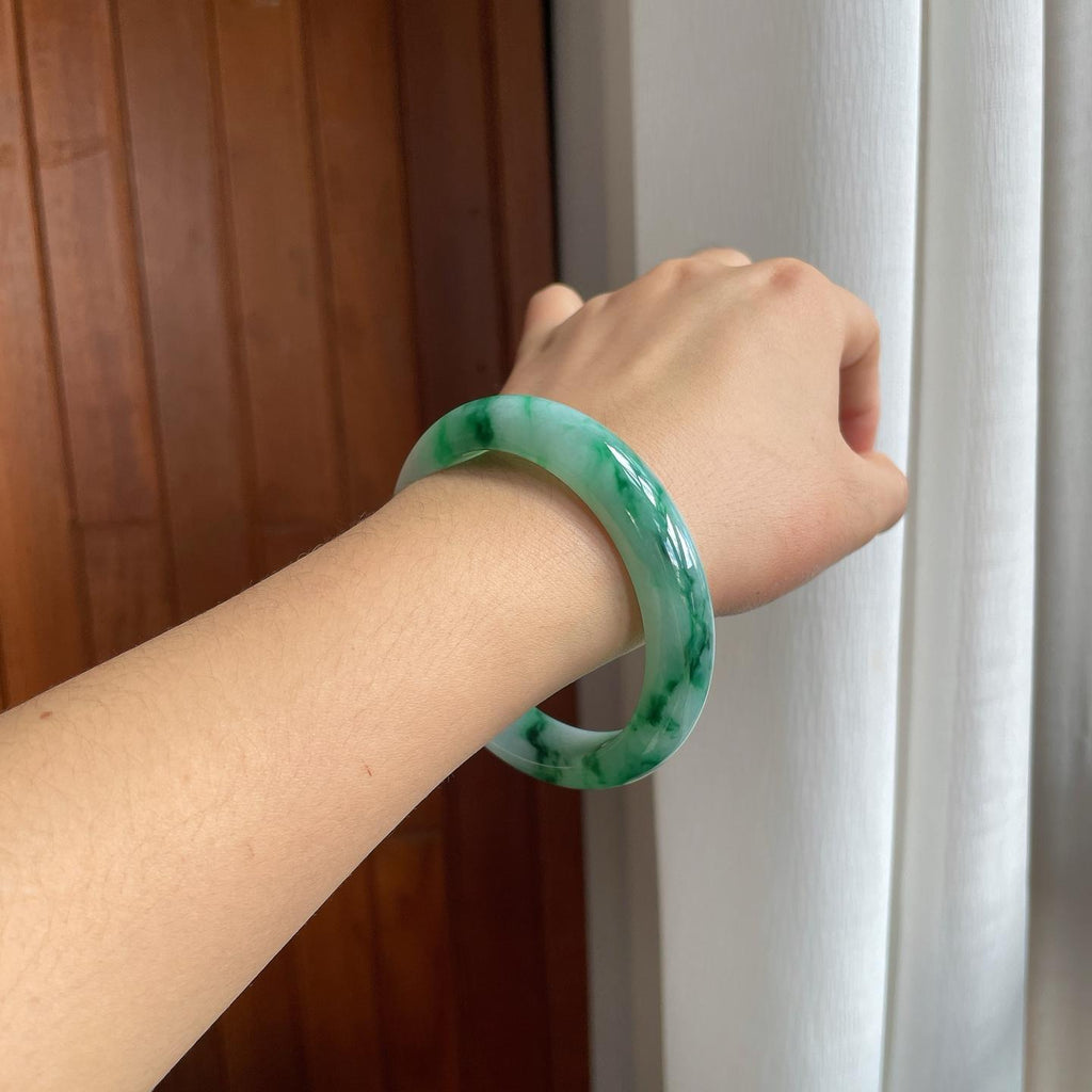 糯冰带色特色翡翠平安镯（58.5mm）（yc277387）