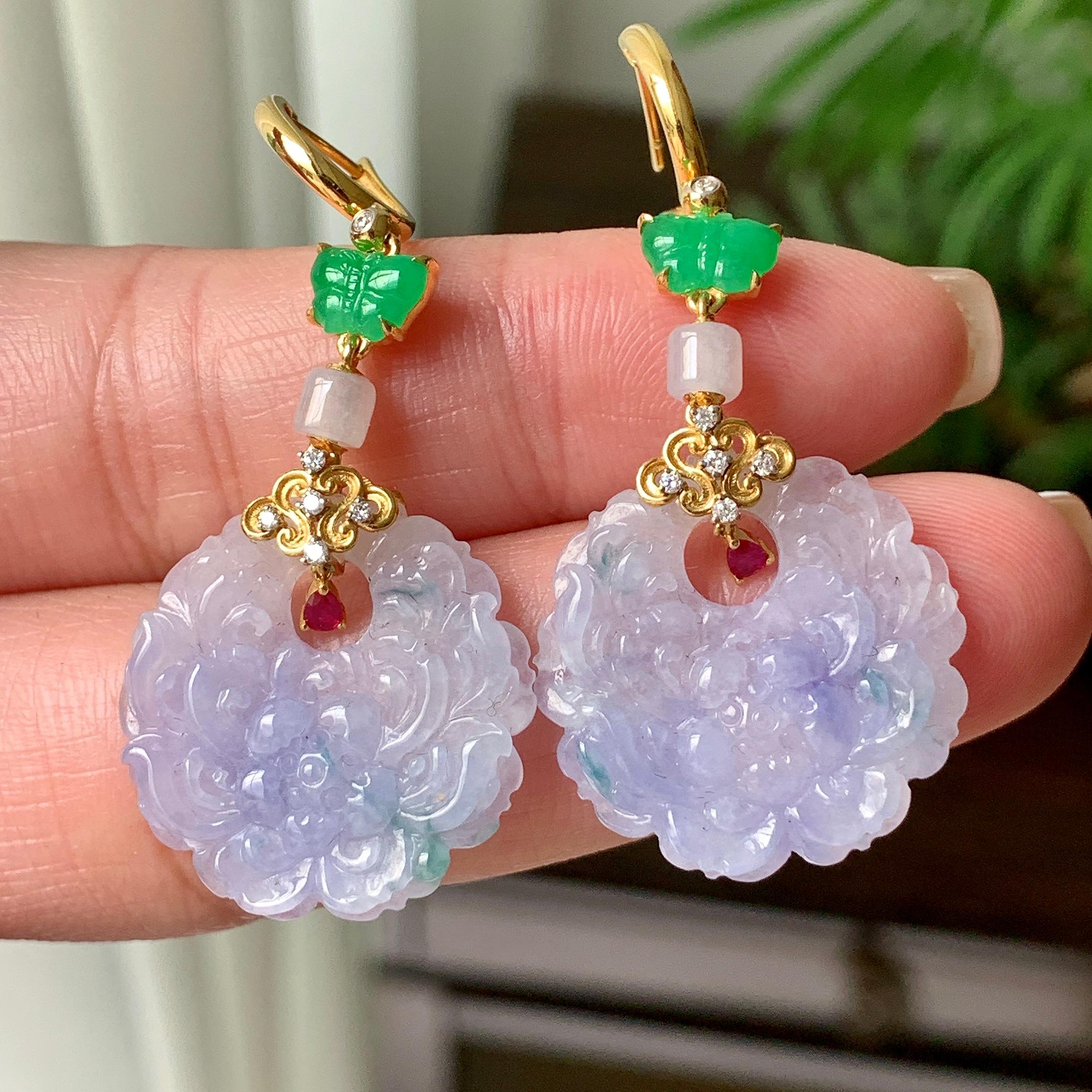 18K金镶细糯种淡紫罗兰牡丹花耳坠  天然缅甸A货翡翠（yc362079）