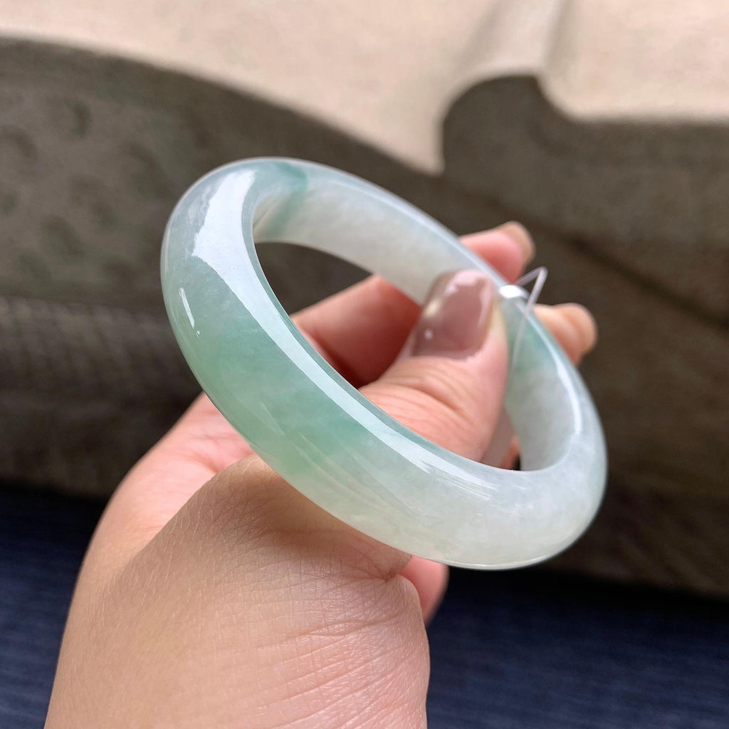 小圈口 细糯种晴底飘蓝花正圈平安镯 52.2圈口 天然缅甸A货翡翠（yc345012）