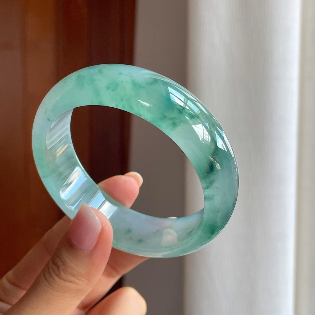 冰种飘花宽版翡翠平安镯（58.4mm)（yc386398）