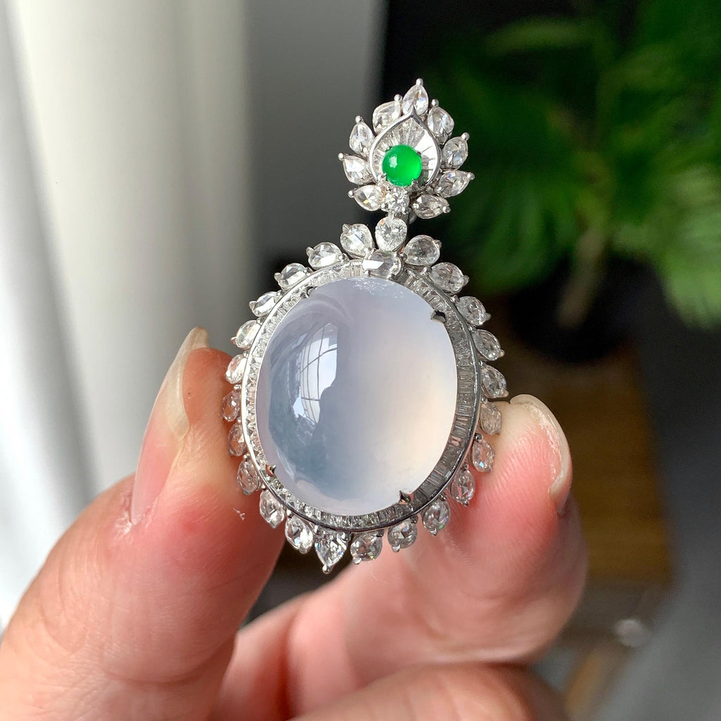 18K金钻镶糯冰种无色蛋面吊坠（yc255601）