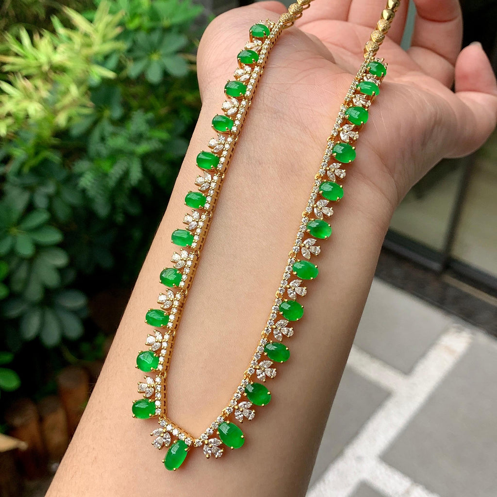 18K金钻镶糯冰种满绿蛋面套链（yc261128）