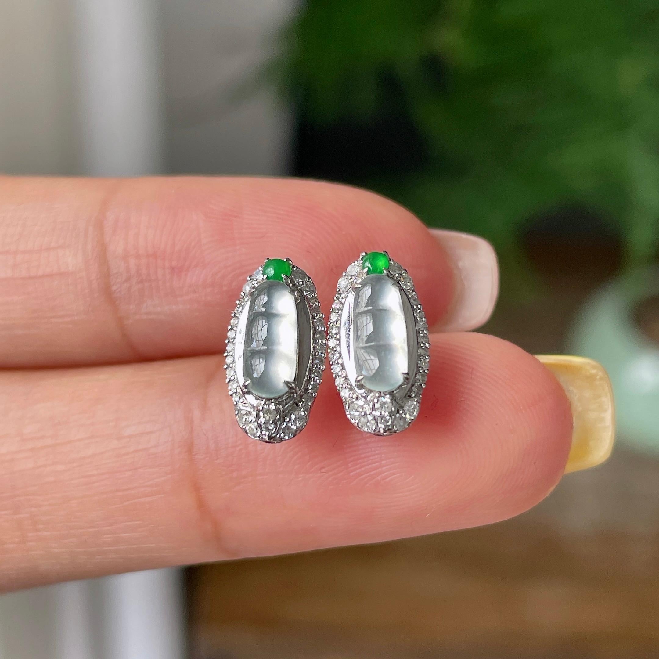 18k金钻镶冰种无色福豆耳钉    天然缅甸A货翡翠（yc358915）