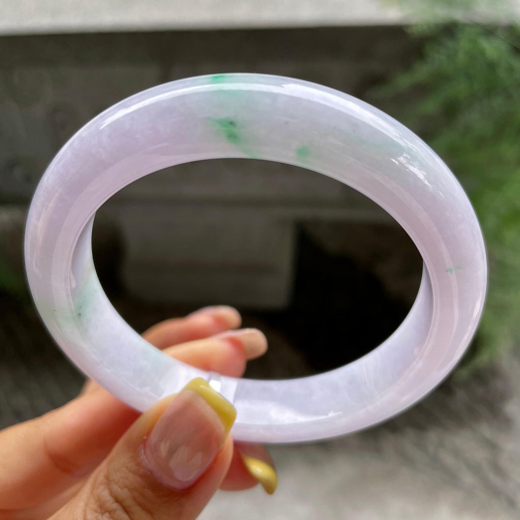 细糯种紫罗兰飘绿花正圈平安镯56.8圈            天然缅甸A货翡翠（yc383142）