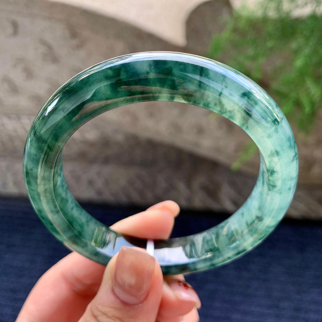 糯冰种飘蓝花正圈平安镯 57.4圈口 天然缅甸A货翡翠（yc352941）