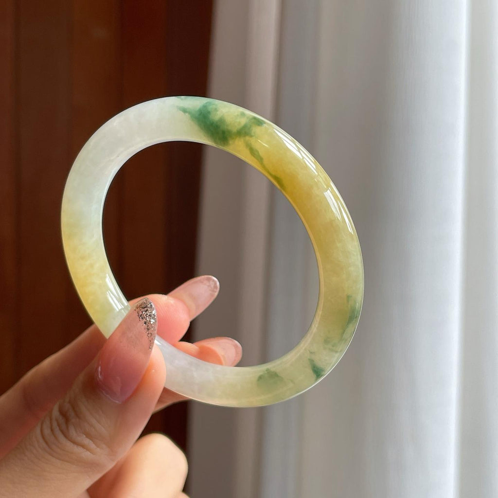 糯冰黄翡飘花翡翠圆条手镯（52.5mm）（yc361781）