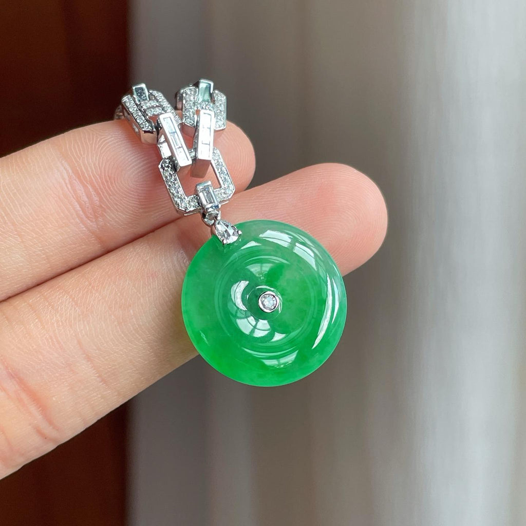 18k金镶冰种满绿翡翠平安扣（yc254042）