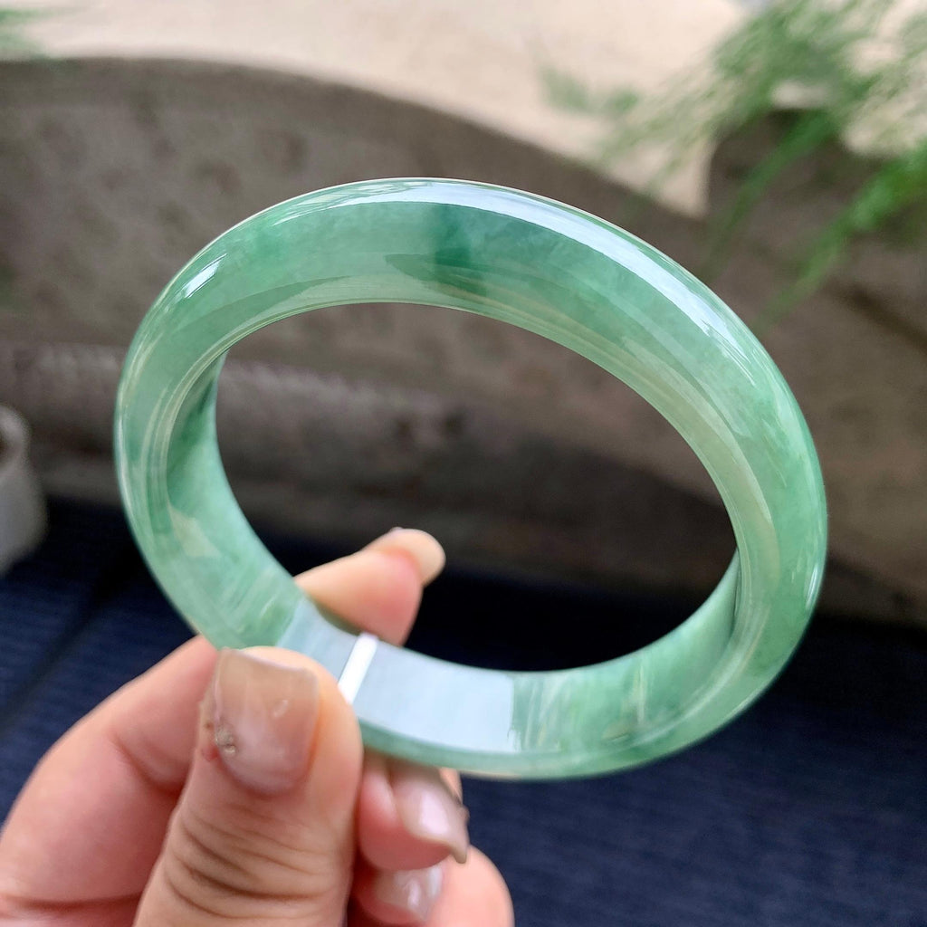 细糯种油青底飘蓝花正圈平安镯 57.5圈口 天然缅甸A货翡翠（yc464051）